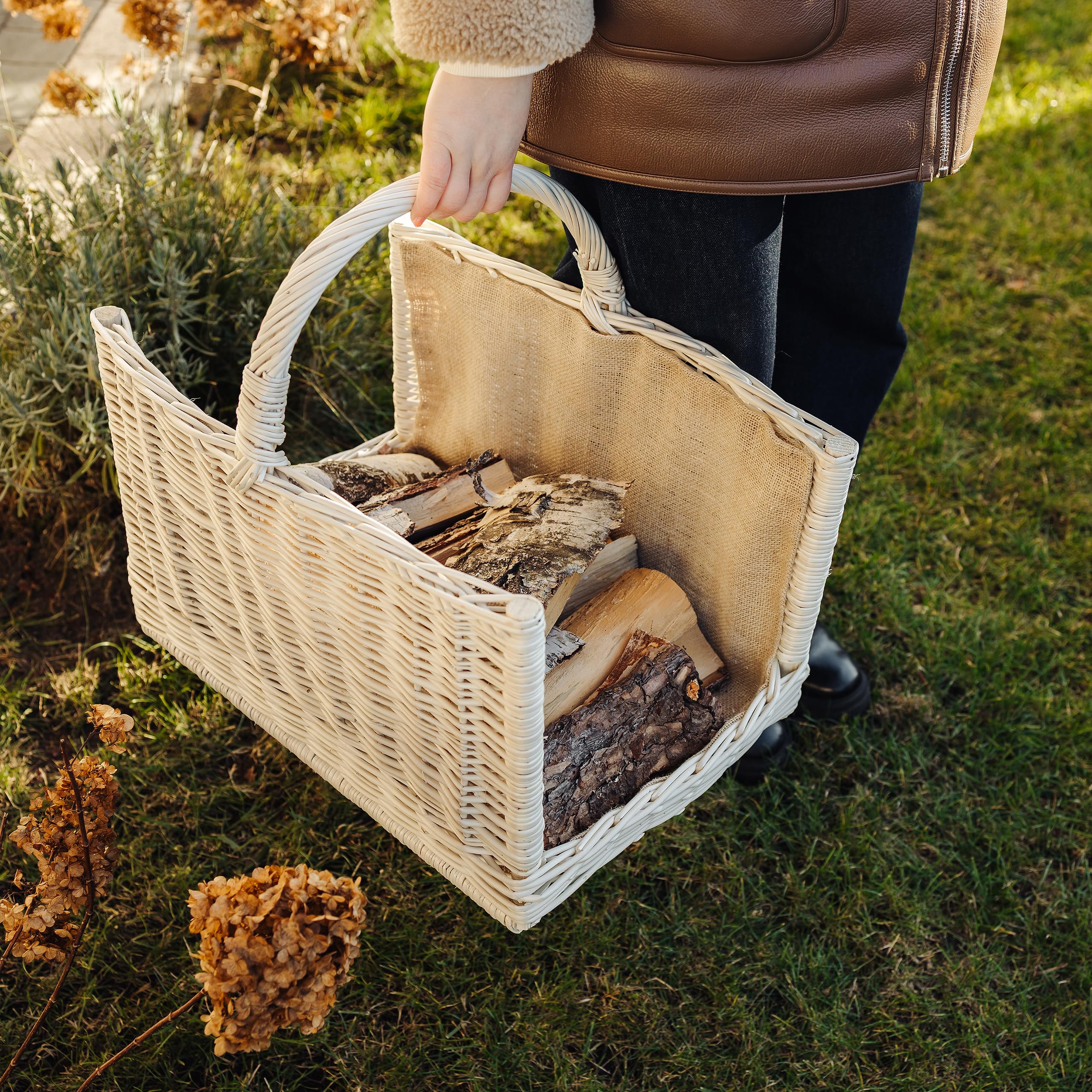 Panier de Rangement en Osier 50x34x50cm Blanc Tissé à la Main avec Poignée et Jute