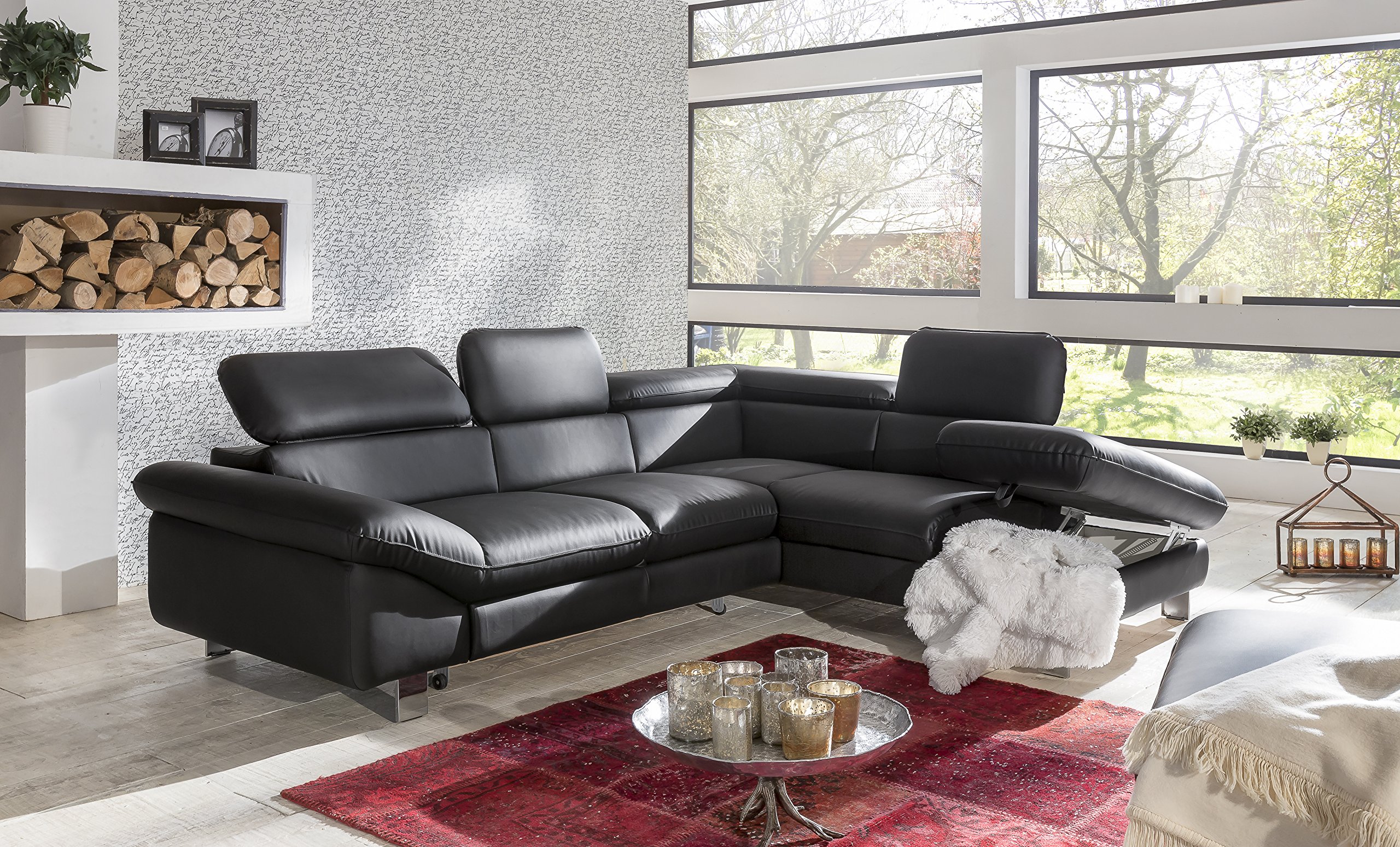 Mivano Ecksofa Driver in modernem Design / Ledersofa in L-Form mit Ottomane rechts / Inkl. verstellbare Kopfstützen / 266 x 73 x 214 / Kunstleder schwarz