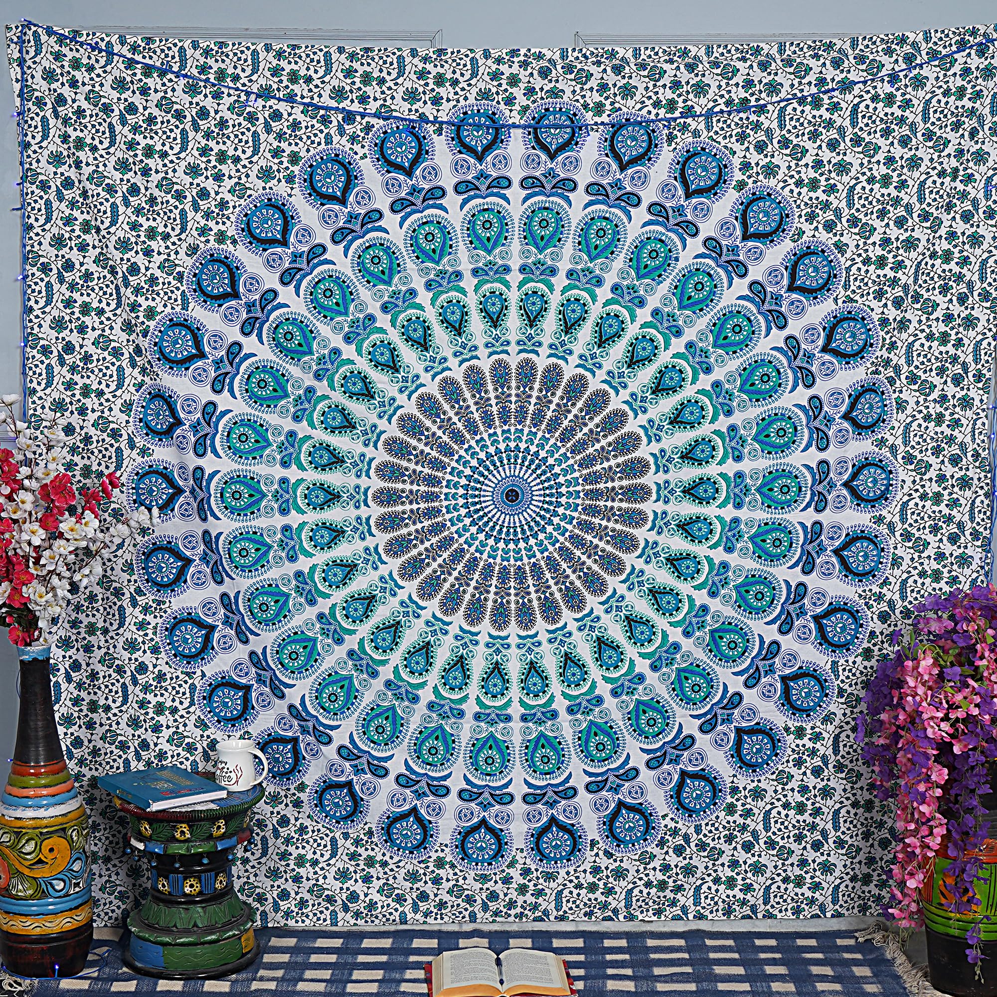 Peacock Mandala Tapestry - Navy Blue Cotton Wall Hanging -19