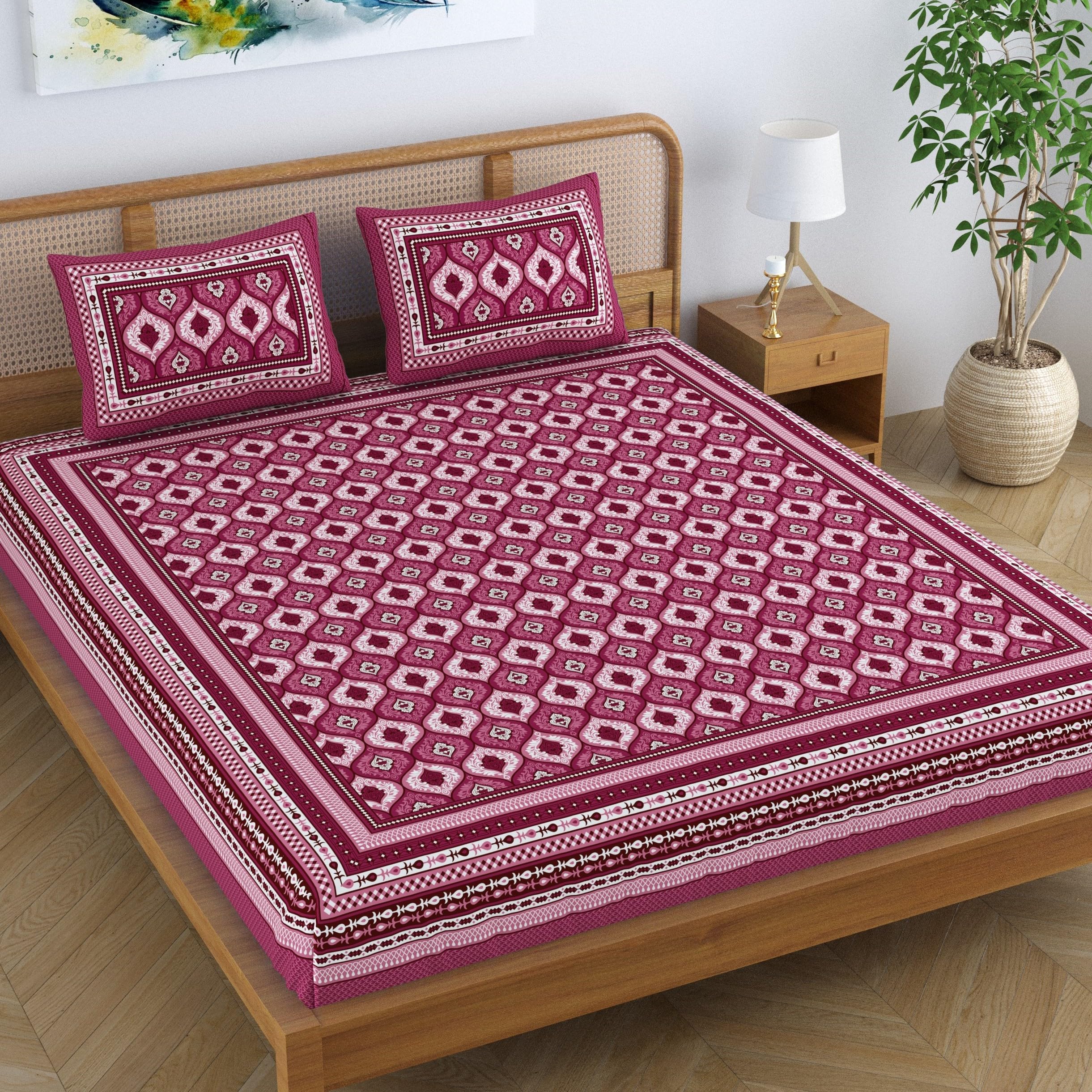 ColorishColorish Cotton Blend Traditional Jaipuri Paisley Printed Bedsheet for Double Bed King Size with 2 Pillow Covers, Maroon | Proudly Made in India