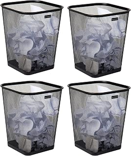 Mind Reader Set of 4 Black Square Metal Mesh Trash Cans, 5 Gal Waste Paper Baskets for Office Kitchen Bathroom