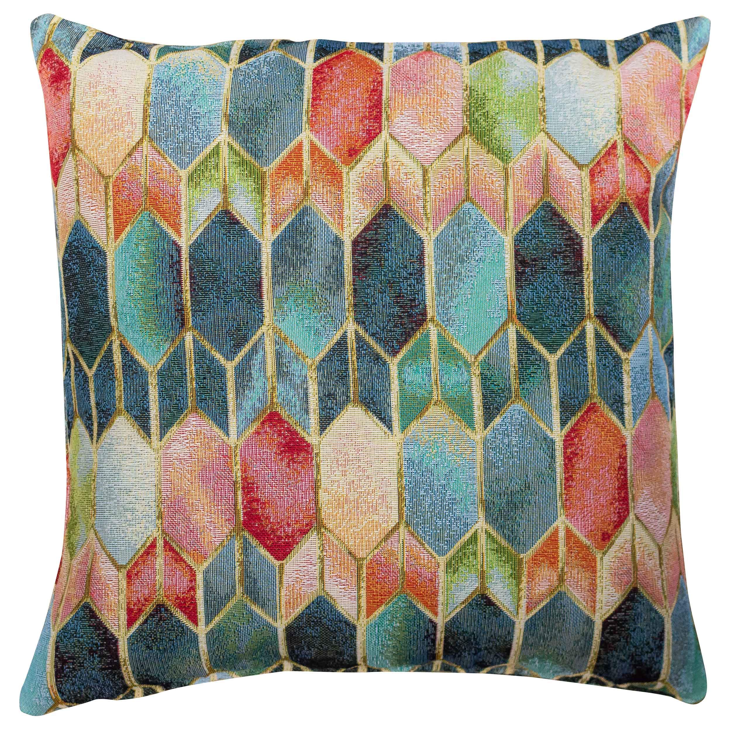 Linen Loft Multicoloured Vintage Venice Stained Glass Style Tapestry Cushion Cover. Traditional Geometric Renaissance Design With Gold Detailing. 17X17 Square. Blue, Red, Green. Cover Only.