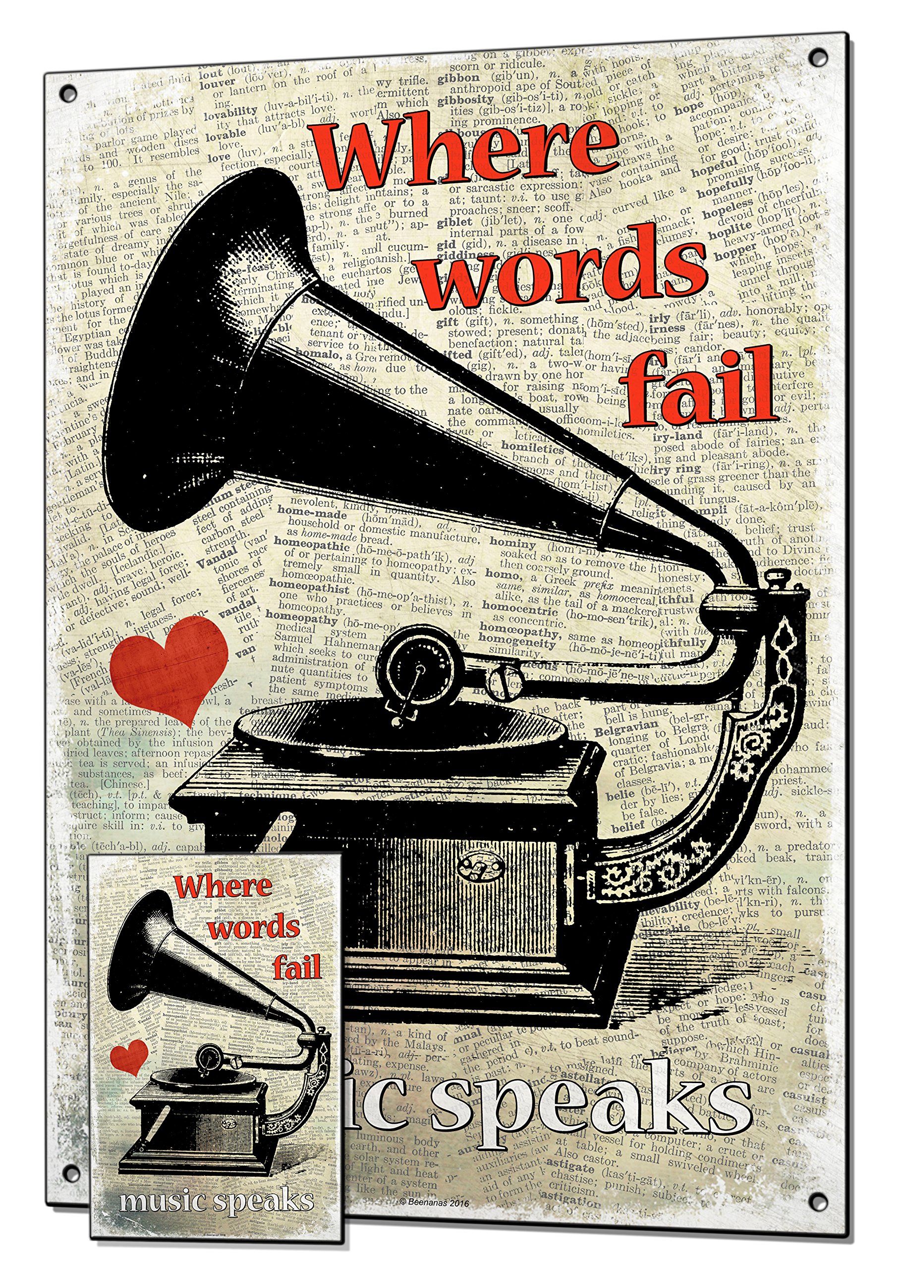 Beenanas Gramophone Where Words Fail Music Speaks Metal Word Art Sign & Keepsake Fridge Magnet Bundle Vintage Style