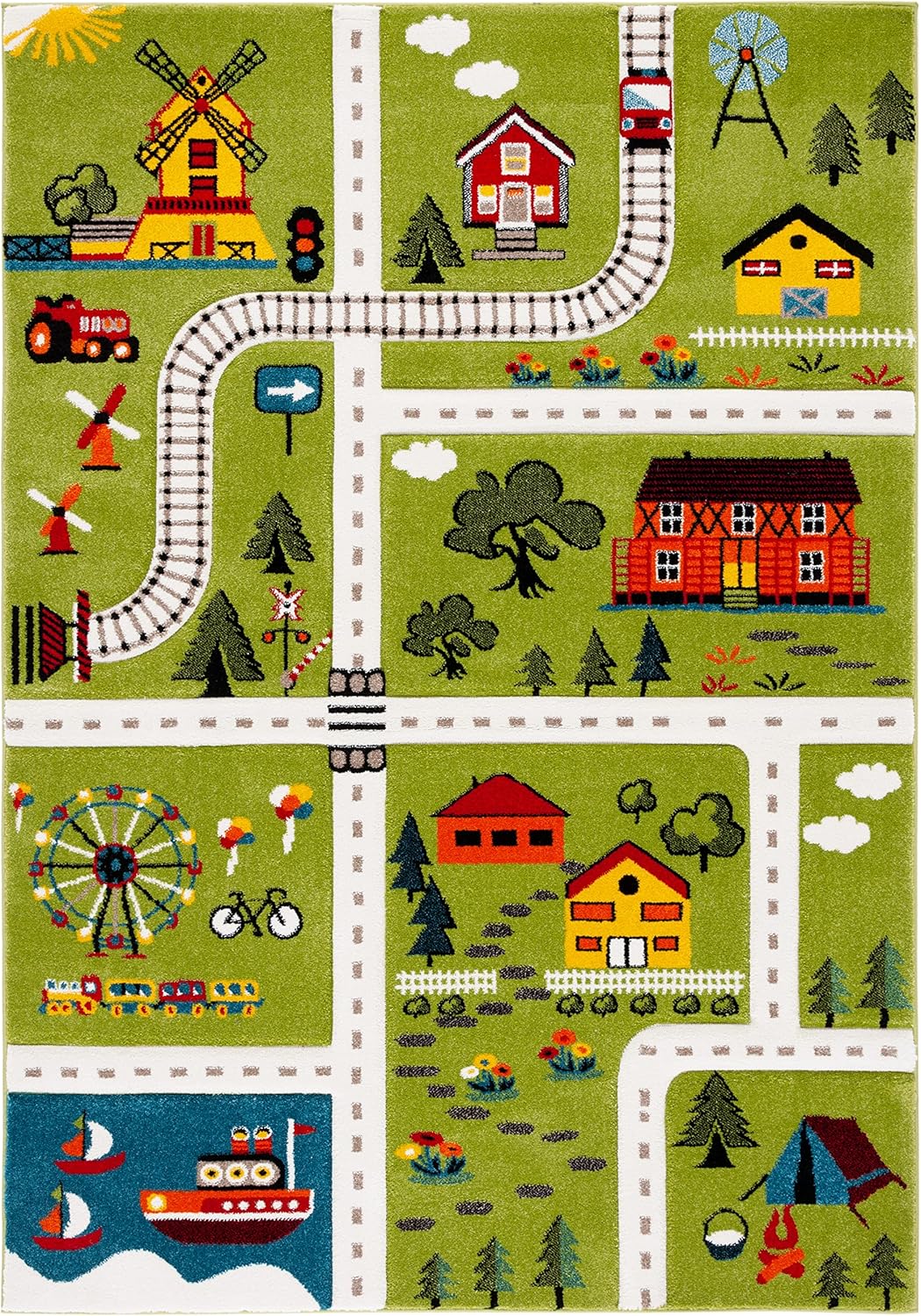 SAFAVIEH Carousel Kids Collection Area Rug - 5'3" x 7'6", Green & Beige, Non-Shedding & Easy Care, Ideal for High Traffic Areas for Boys & Girls in Playroom, Nursery, Bedroom (CRK197Y)