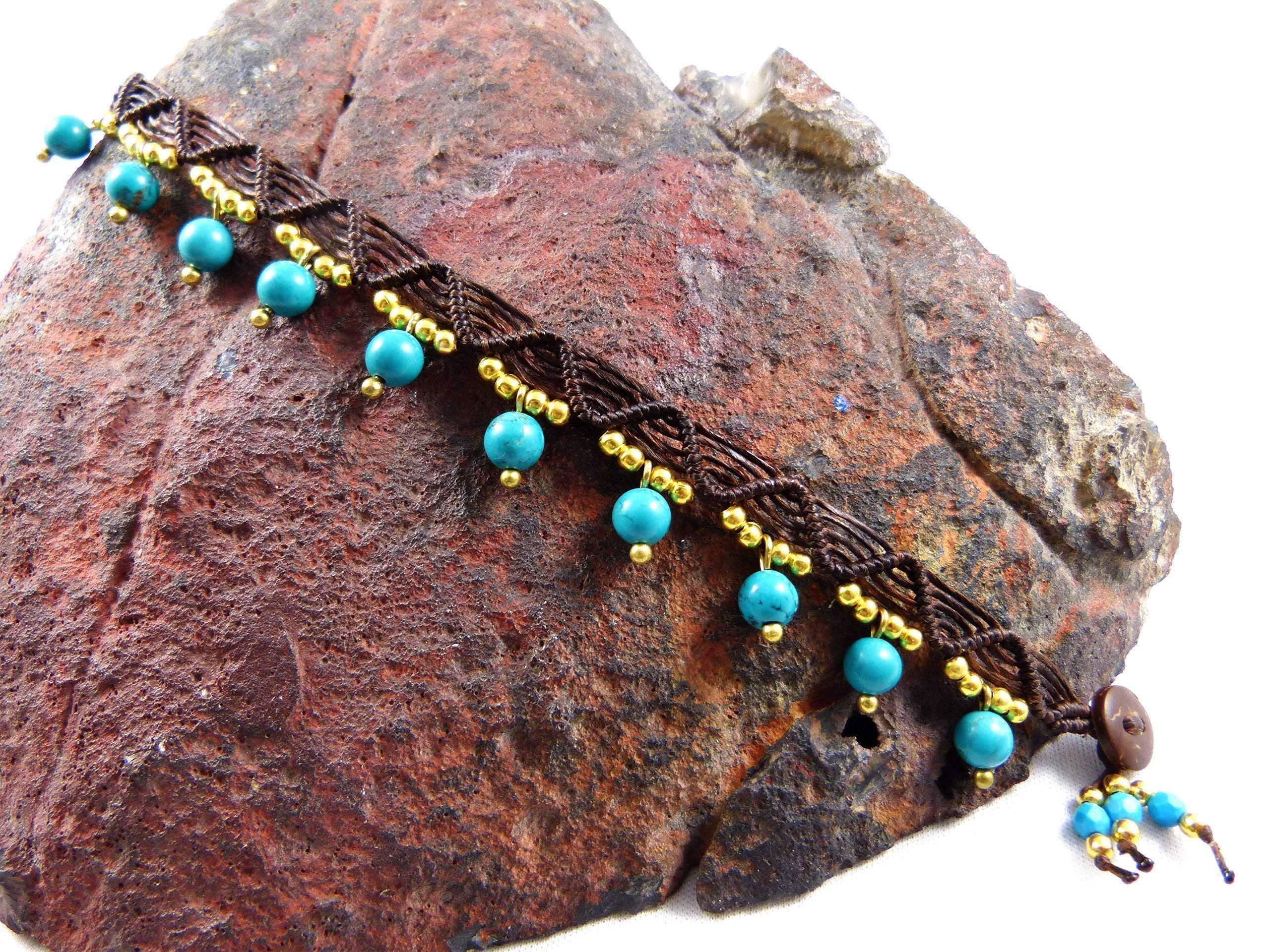Fußkettchen Türkis Perlen Makramee Fußband - Thailand Tribal Surfer Boho Stil