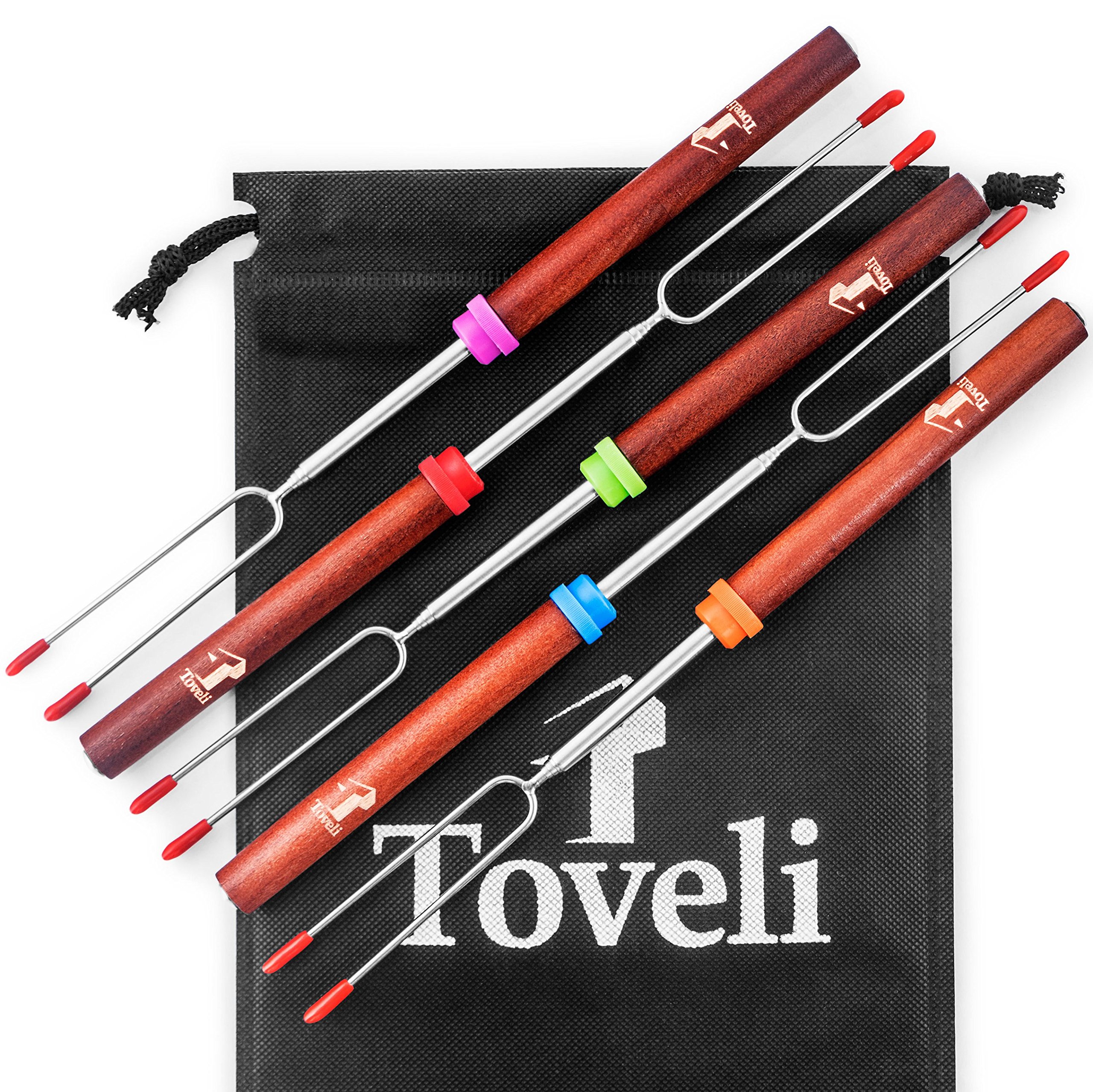 Marshmallow Smores Roasting Sticks - Extra Long Telescoping Skewers with Stainless Steel Forks, Real Wooden Handles. Safe for Kids, Perfect Hot Dog Camping Campfire Accessories Set - Bonus Cookbook