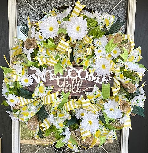 XL Welcome Y'all Lemon & Daisy Summer & Spring Deco Mesh Front Door Wreath, Porch Patio Home Decor, Handmade, Unique Gift Idea for Her