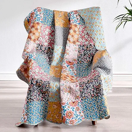 Greenland Home Carlie Quilted Reversible Throw Blanket, Calico...