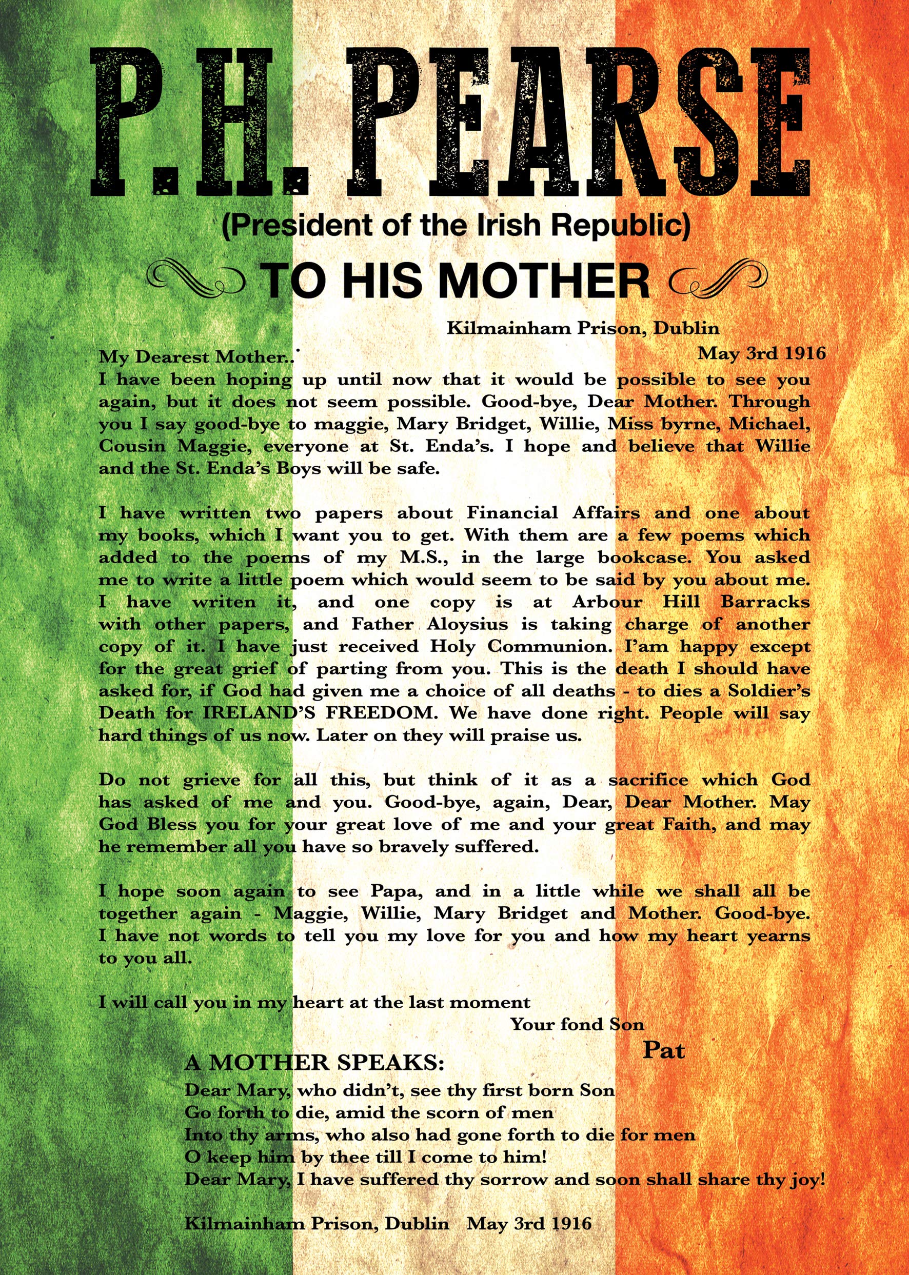 Exclusive A3 Poster - Patrick Pearse (Pádraig Anraí Mac Piarais) Letter to his Mother, 3rd May, 1916