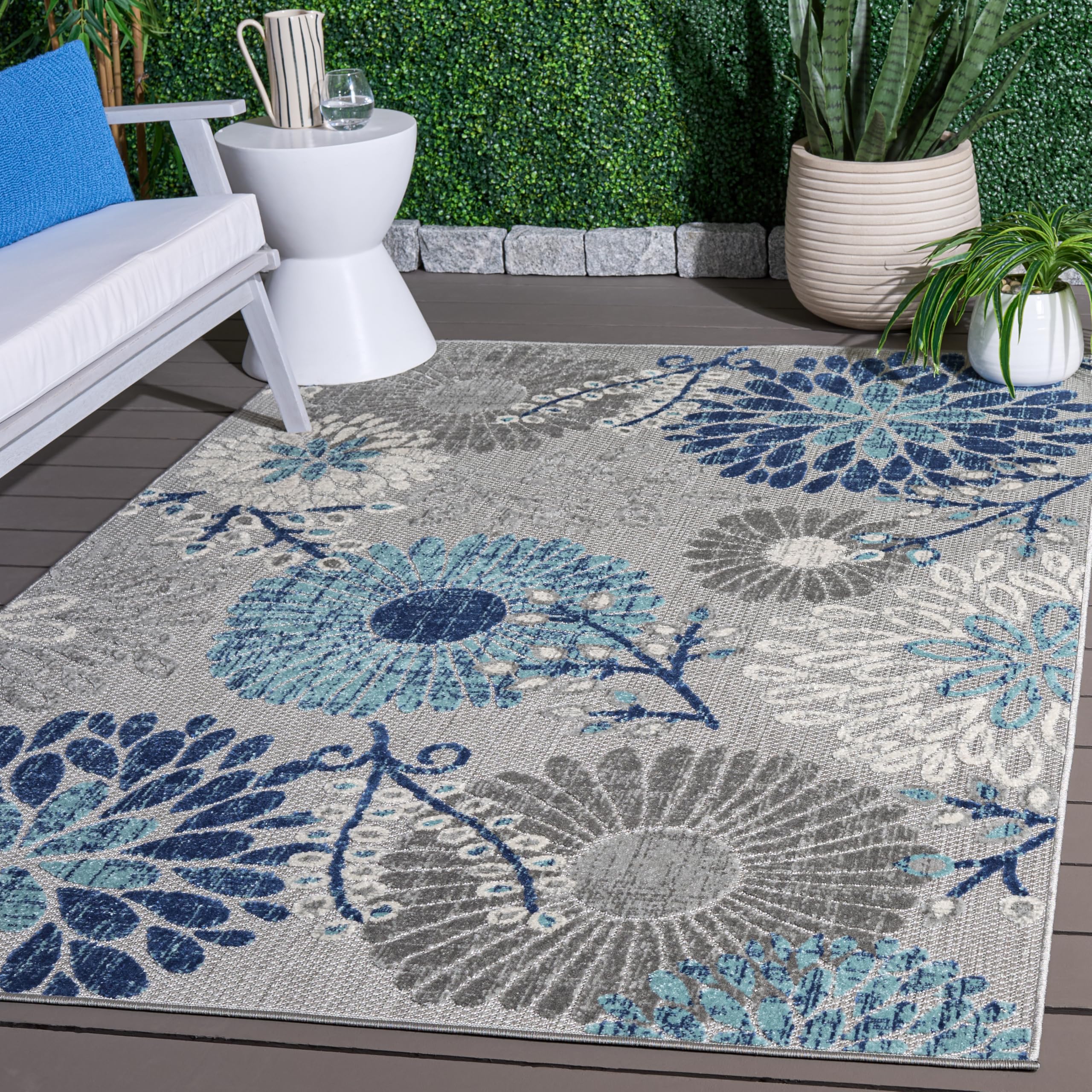 SAFAVIEH Washable Rug Outdoor Cabana Collection - 5'3" x 7'6", Grey & Blue, Non-Shedding & Easy to Clean, Ideal for Patio, Backyard, Mudroom (CBN832F)
