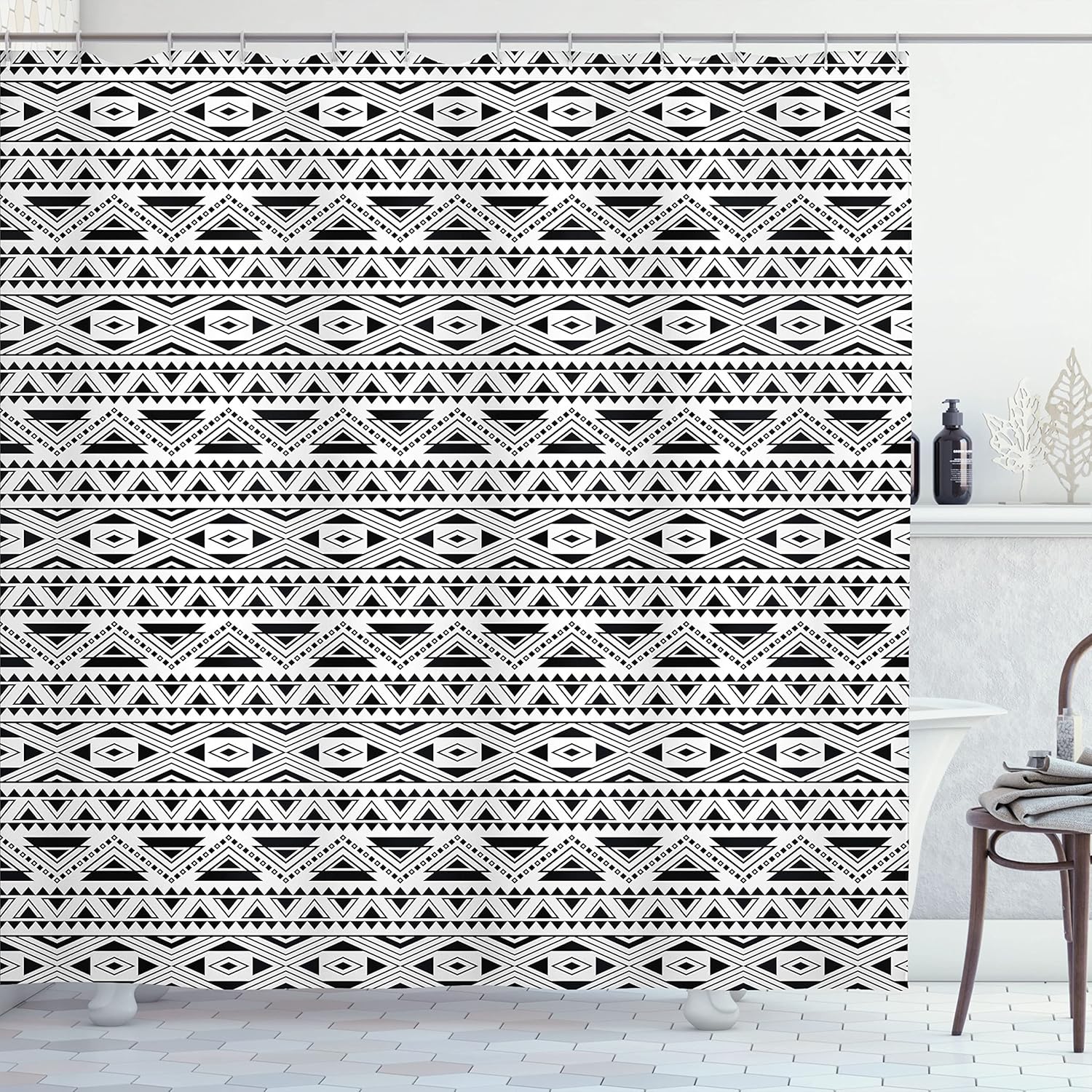 Lunarable Tribal Shower Curtain, Monochrome Herringbone