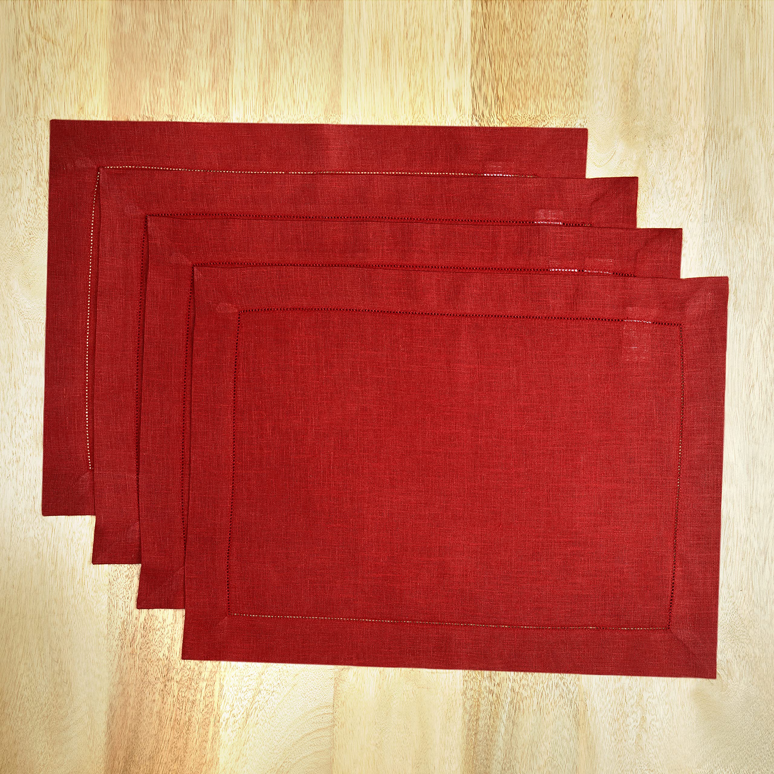 D'Moksha Modern Placemats Divine Red 14x19, Set of 4-100% Pure Linen Classic Hemstitch Cloth Placemats/Dinner Mats/Dining Table Mat for Spring, Summer, Mother's Day, Wedding, Party, Machine Washable