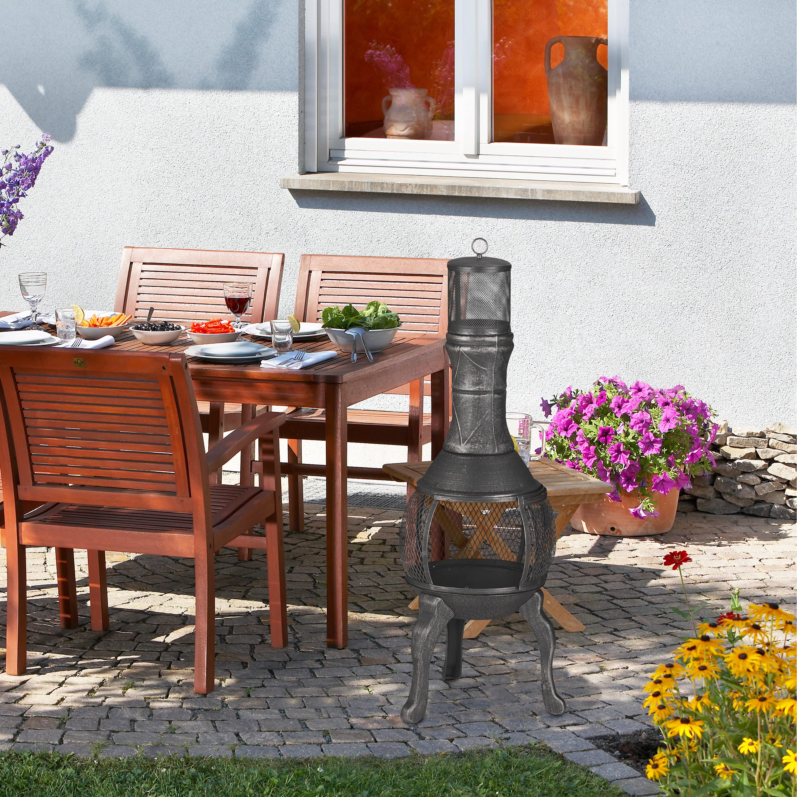 Relaxdays Cheminée Mexicaine, Fonte, Acier, HxLxP : 114x40x40 cm, Four aztèque, extérieur, Jardin, feu de Bois, Argent