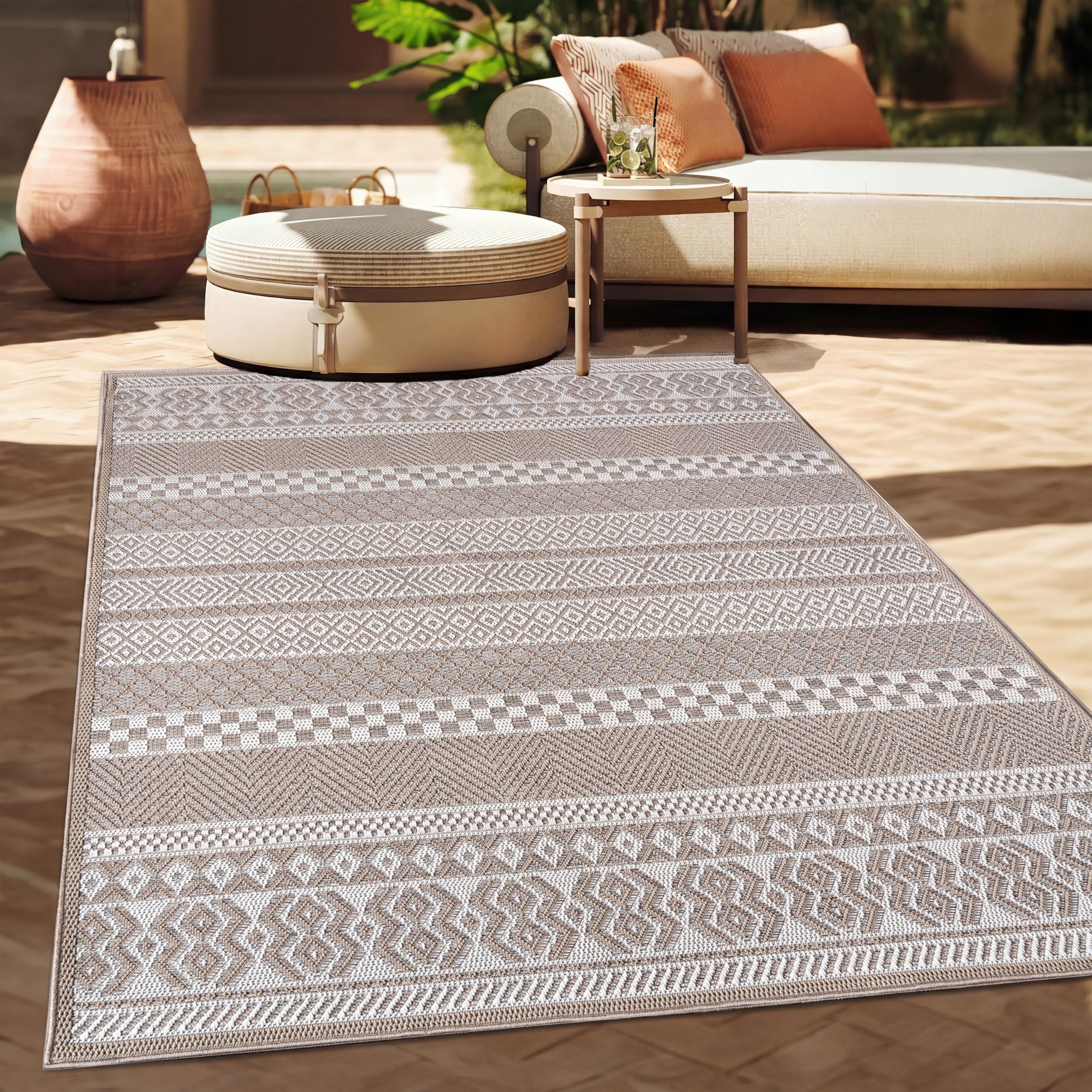 Paco Home Tappeto Per Esterno Da Balcone Terrazza Tappeto Cucina Moderno Boho Etnico, Dimensione:160x220 cm, Colore:Beige