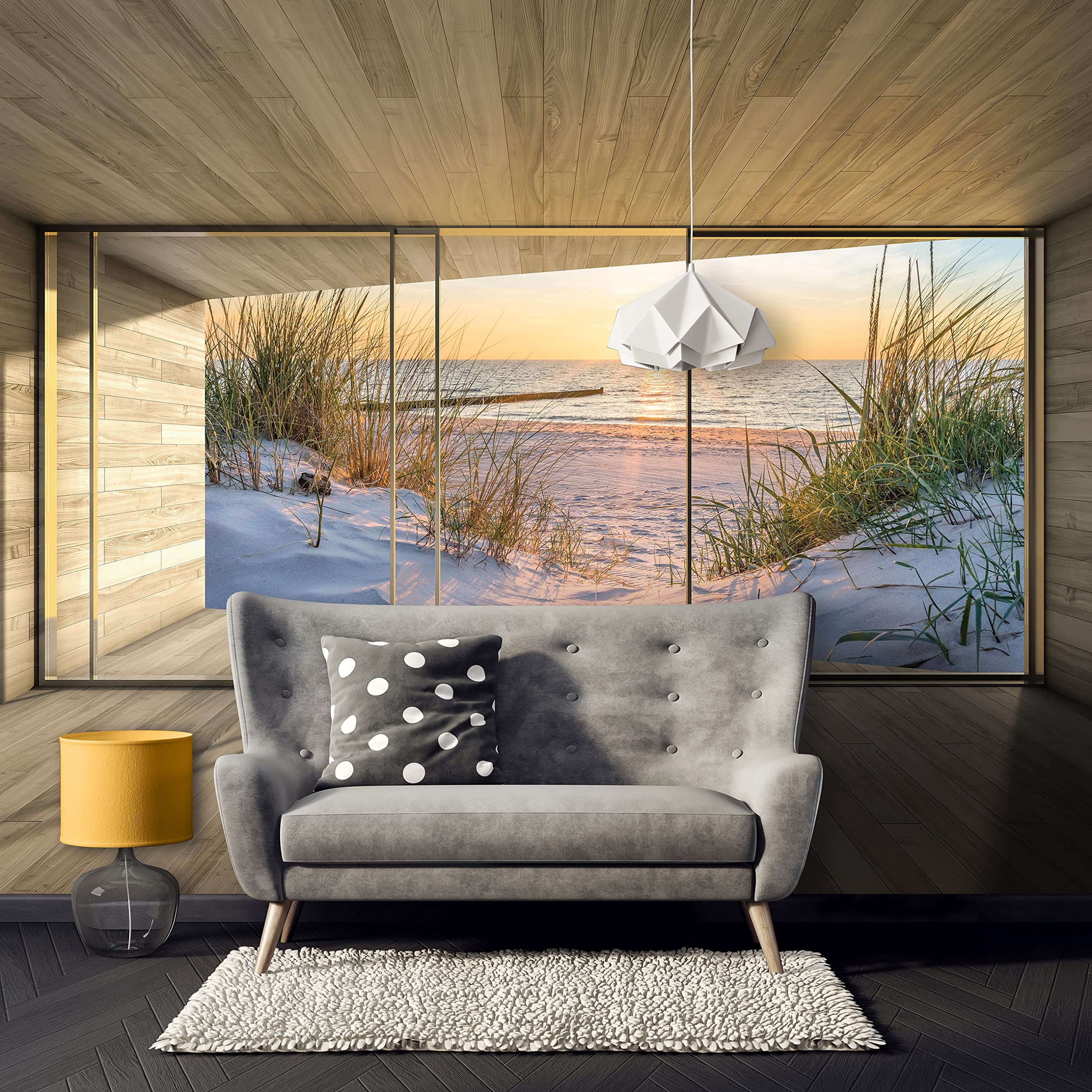 Wallarena Fototapeta z efektem 3D, widok na okno, Morze Północne, plaża, morze, nowoczesna, do salonu, sypialni, odporna na działanie promieni UV, gotowa do montażu (416 x 254 cm - 4 pasy)