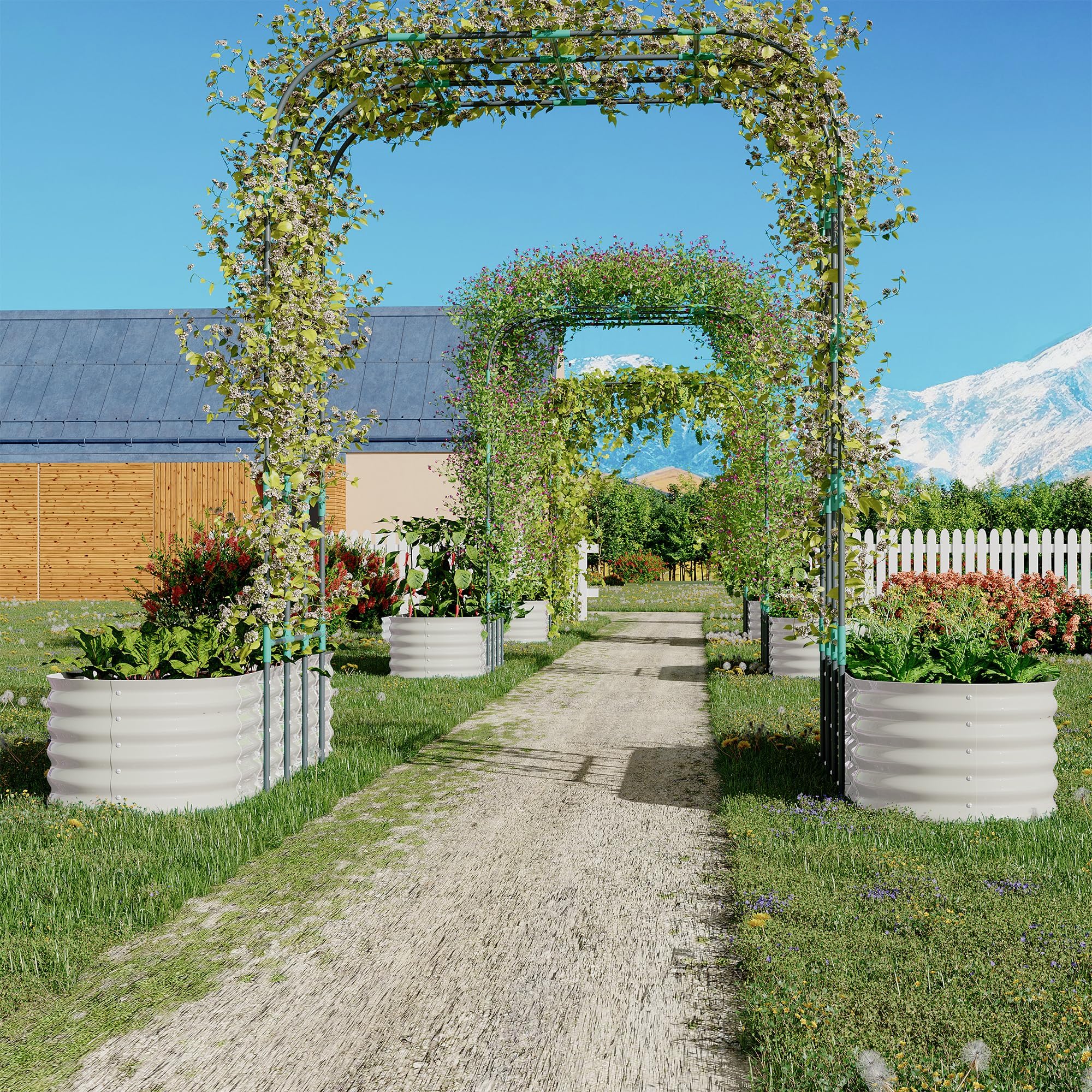 Garvee Cama de Cultivo Elevada de Metal 2 Piezas 200x60x45cm con Arco de Enrejado 180x90x240cm Acero Galvanizado 0.6mm Tuercas de Mariposa para Huerto Urbano Plantas Trepadoras Exterior Beige