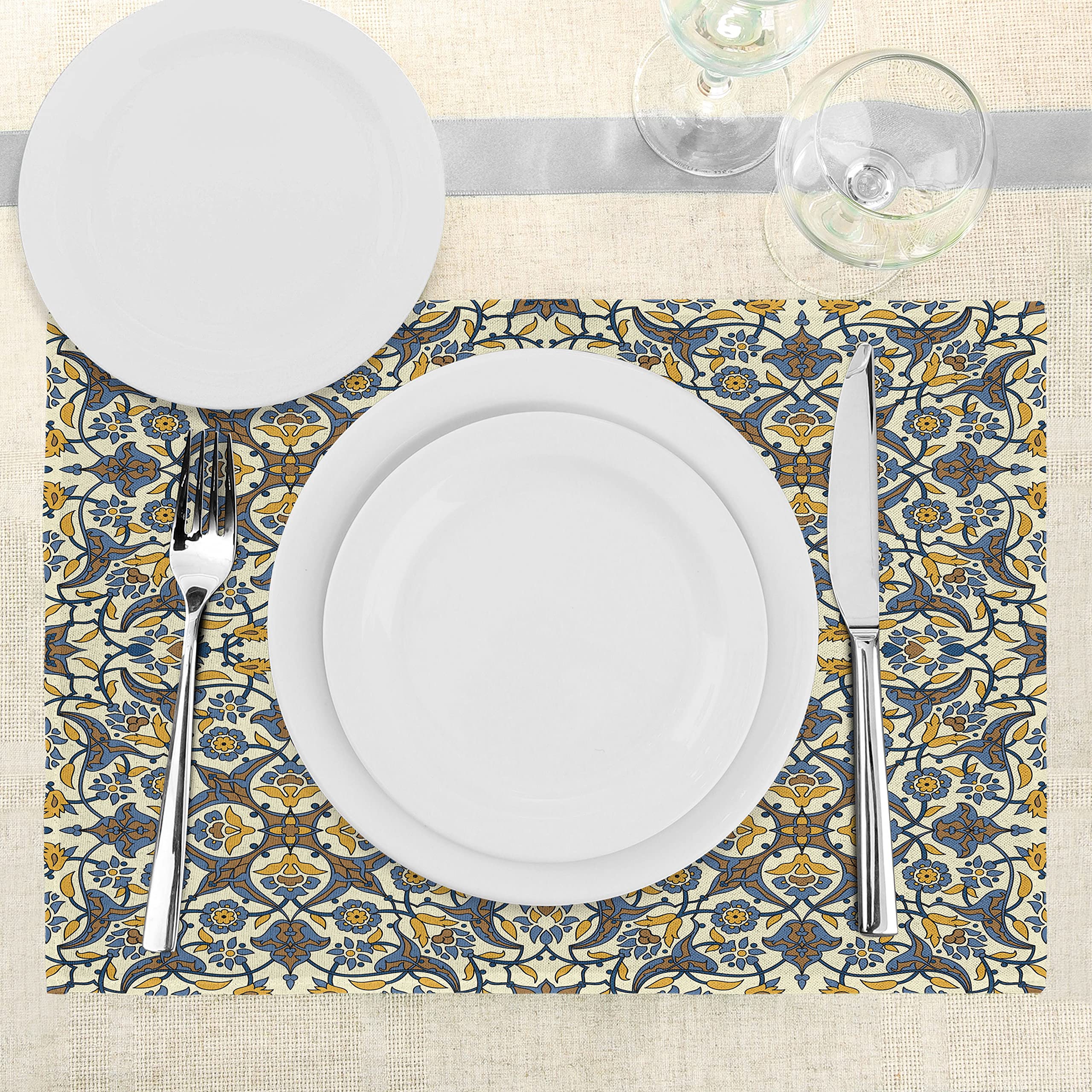 ABAKUHAUS Set 4 Tovagliette Americane Con Motivo Turco Fleur – Tovaglie Lavabili In Poliestere Per Cucina (Blu Moutarde) – Antimacchia E Antigrinza - 5