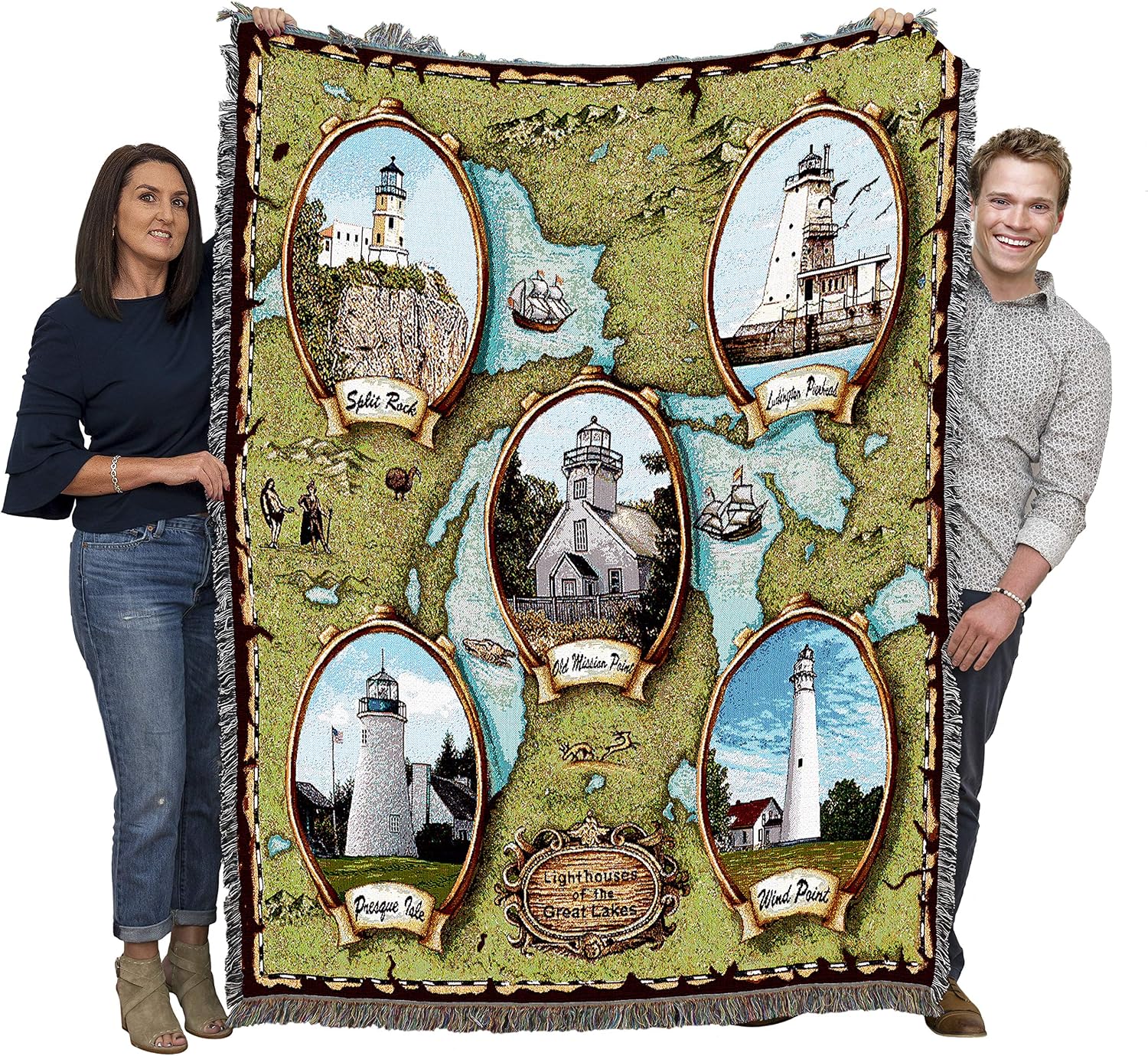Pure Country Weavers Lighthouses of the Great Lakes Blanket - Wind Point Presque Old Mission Split Rock Ludington - Coastal Ocean Gift Tapestry Throw Woven from Cotton - Made in the USA (72x54)