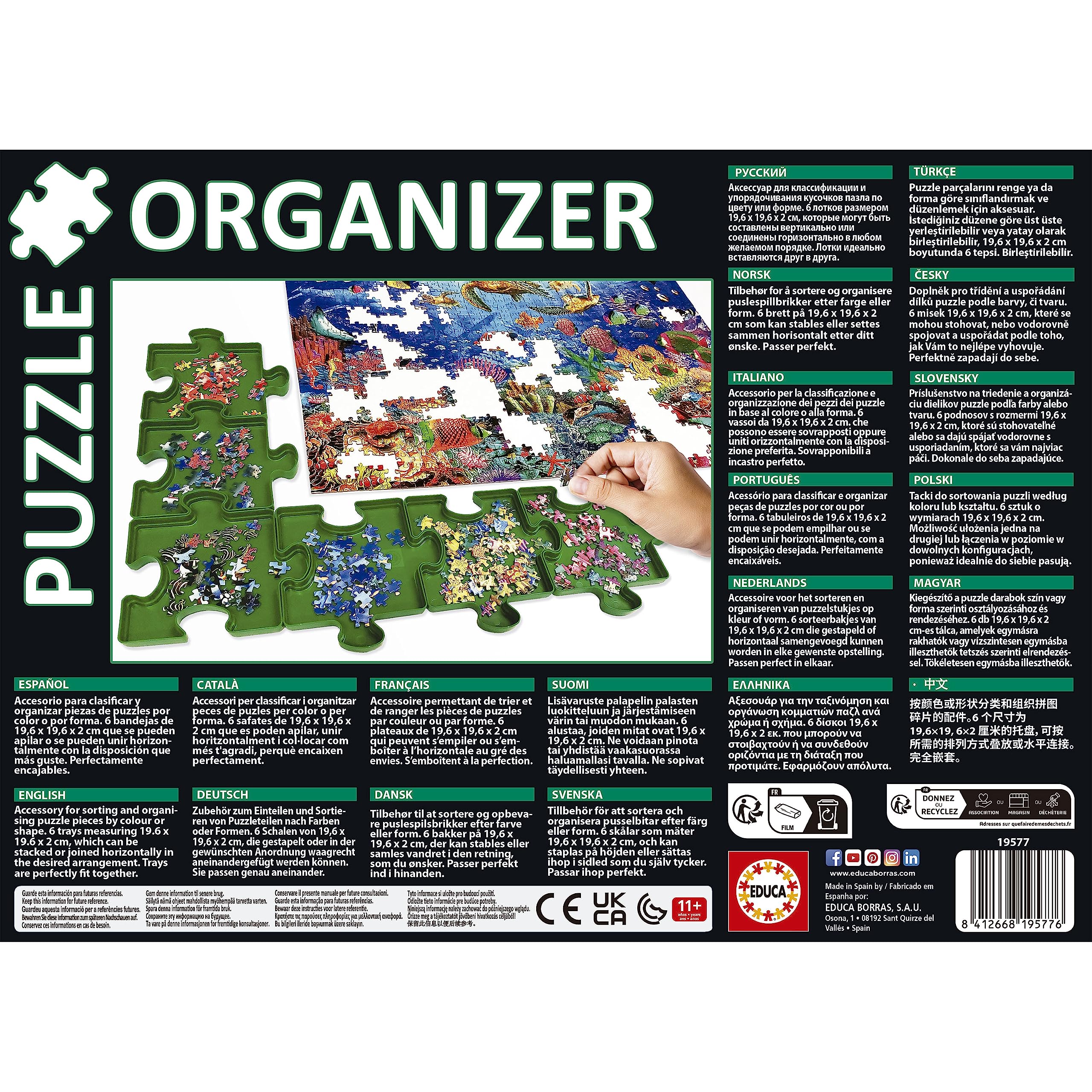 Educa - Accessorio per puzzle. Organizzatore di puzzle. Pezzi separati per colori, per forme o guárdalas che impilano i 6 vassoi perfettamente adatti (19577)