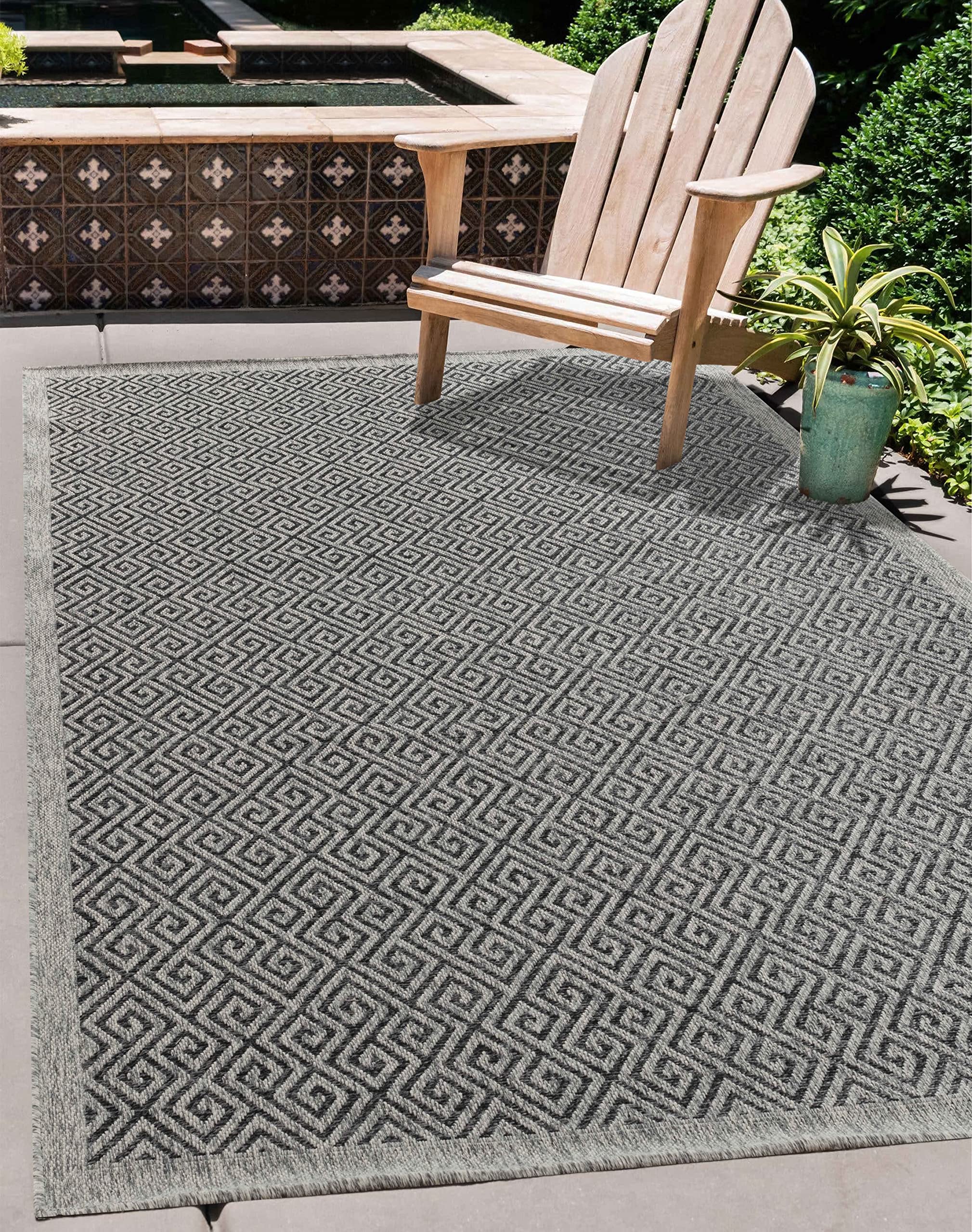 Serdim Rugs D.grey-Greek Harper Kilim Braided Greek Key Design Outdoor Rugs, Dark Grey, Rectangle 160 X 230Cm