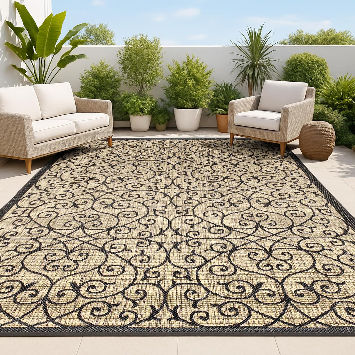 JONATHAN Y Madrid Vintage Filigree 8x10 Outdoor Area Rug Black/Khaki - Pet-Friendly, Stain-Resistant, Easy Clean for Patio Porch High Traffic