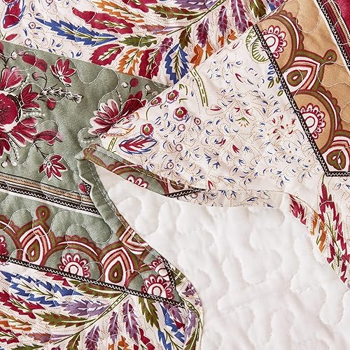 Miniatura 5 de DaDa Bedding - Juego de colcha bohemia acolchada con estampado floral, rústico, rojo arándano, salvia, verde, cheurón, cachemira, filigrana, bordes