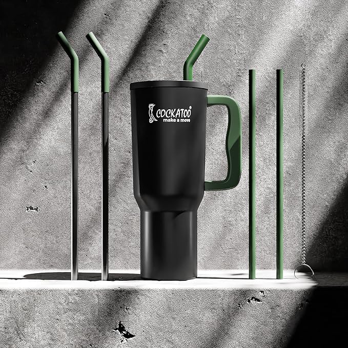 Cockatoo Stainless Steel Double Insulated Tumbler Water Bottle for Hot, & Cold Drink | Leakproof Handle Sipper Tumbler with 2 Reusable Steel Straw, and 2 Brushes|1.2L Black