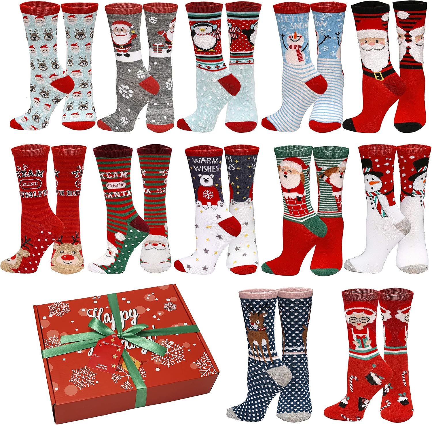 Gilbins 12 Pair, Holiday X-Mas Socks, 12 Different Designs, Christmas Size 9-11