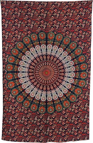 Miniatura 4 de Tapiz hippie indio bohemio psicodélico azul dorado pavo real mandala colgante en la pared (rojo dorado, verde, individual (54 x 72 pulgadas) (55.1 x