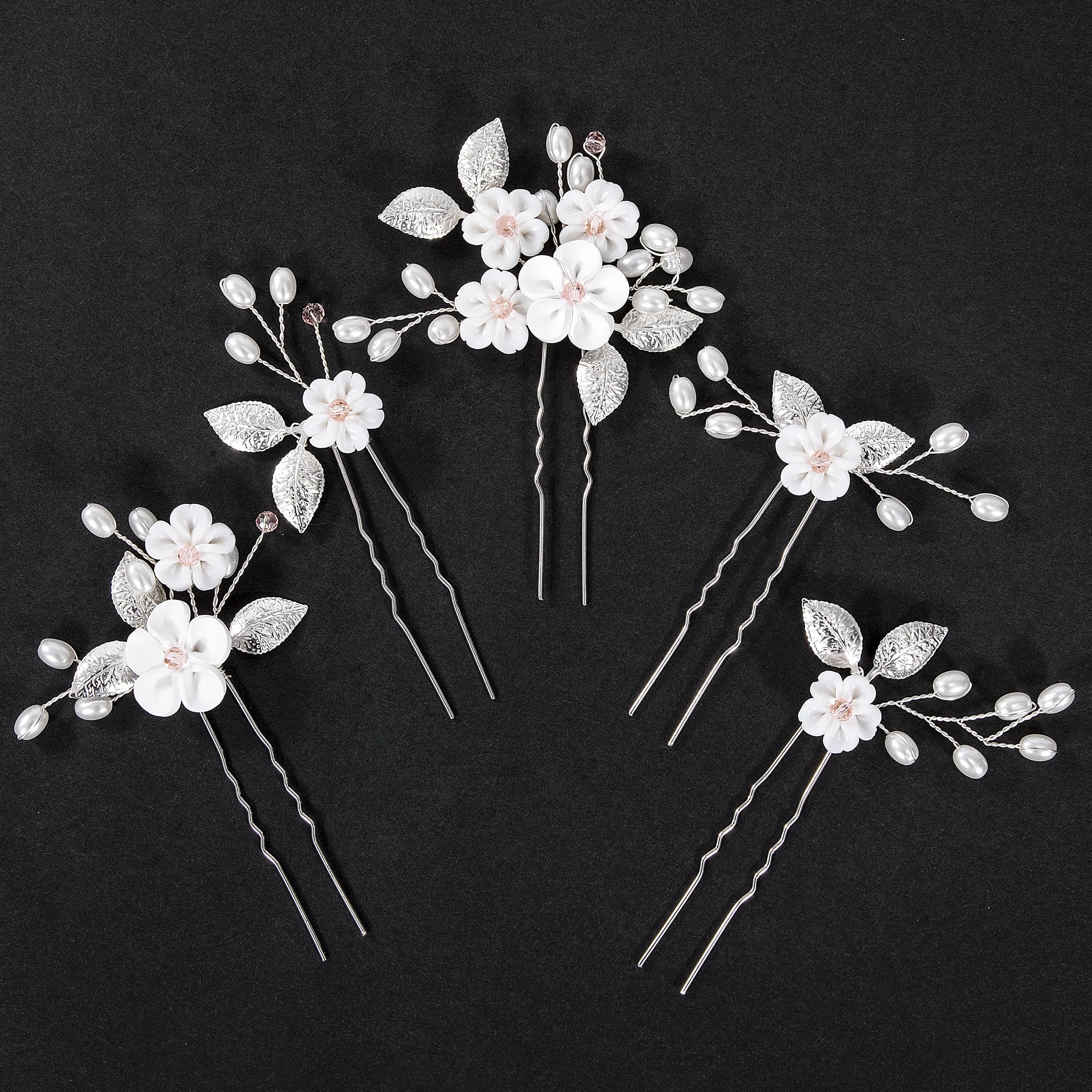 Heveer Horquillas Flores Perlas Tocados de Novia Horquillas en Forma de U Plata para el Pelo Boda Damas de Honor Mujer Niñas 5 Piezas