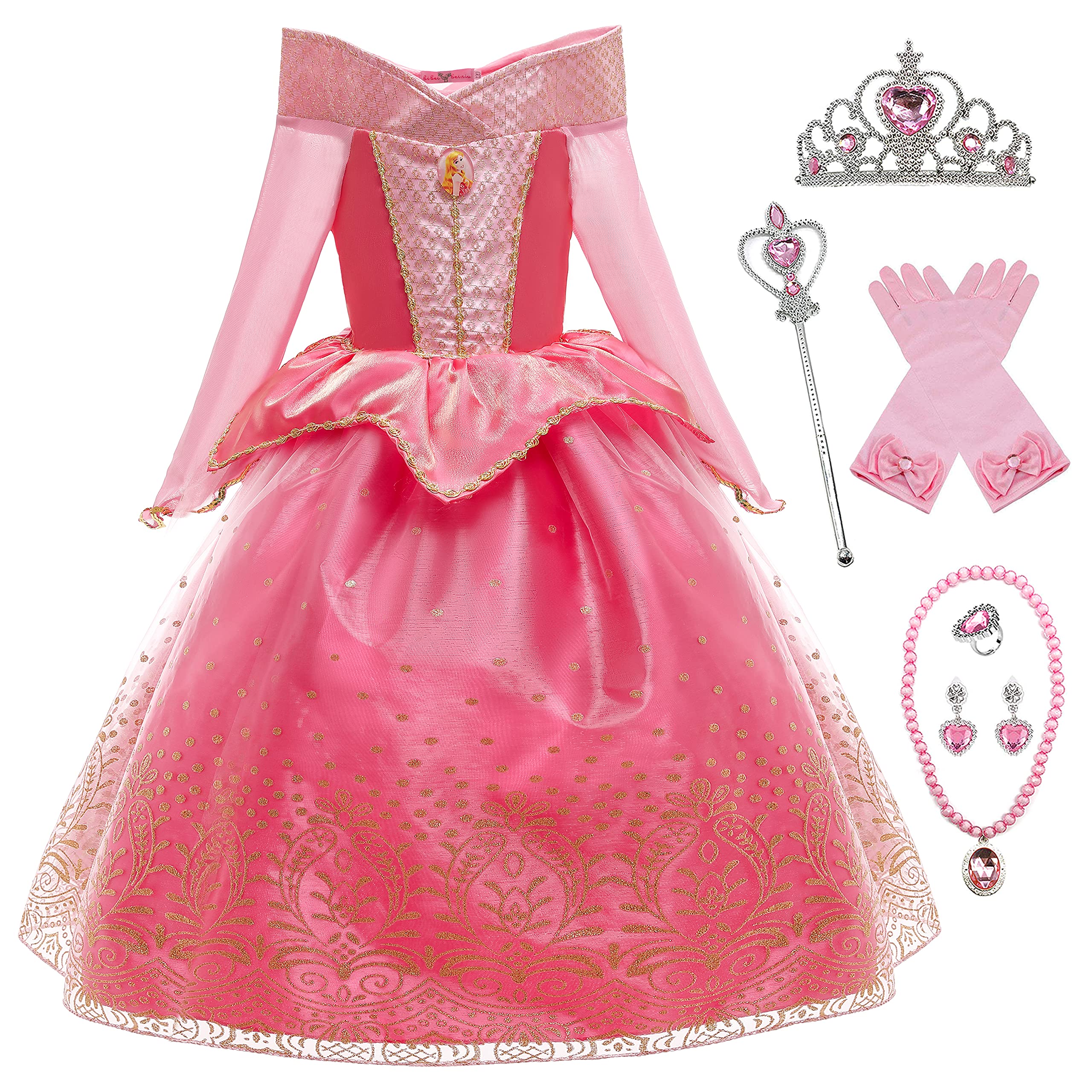 YOSICILCostume da Principessa Aurora per Ragazze Costume da Bella Addormentata a Maniche Lunghe con Accessorio 6 Pezzi Cosplay Compleanno Festa Halloween Natale,Rosa-6PS,150