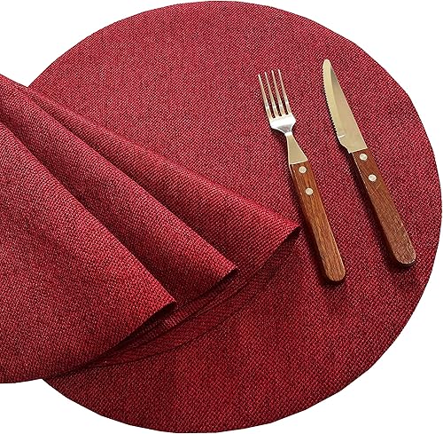 Miniatura 5 de Juego de 4 manteles individuales redondos de lino rojo para mesa de comedor, 15 pulgadas, lavables, color rojo
