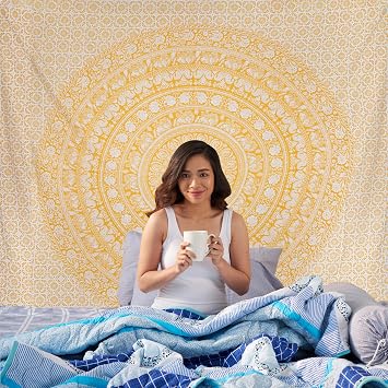 Craft Trade Mandala Elephant Tapestry Yellow Wall Hanging Tapestry Boho Hippie Tapestries for Decor Living Room Yoga Meditation and Bedroom - 76x102 cm