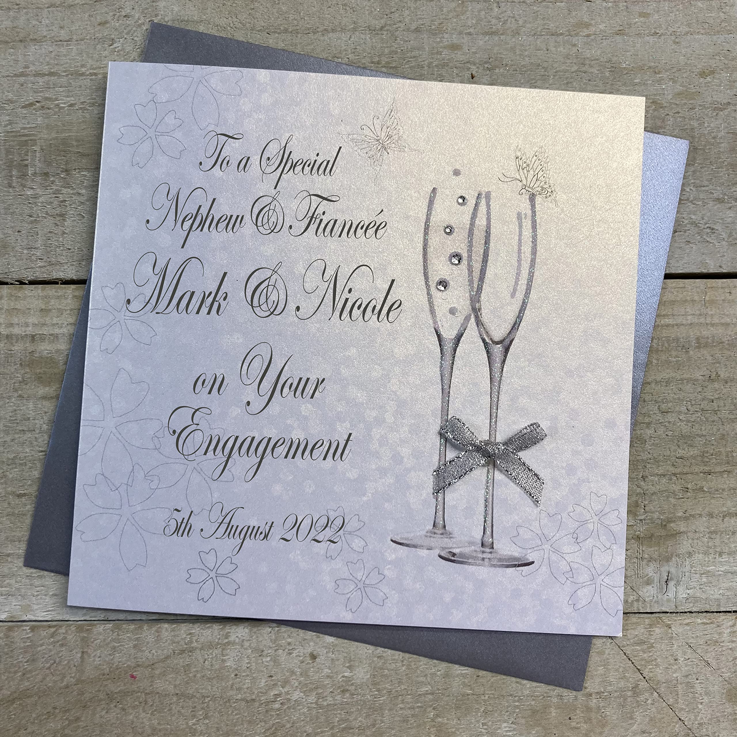 WHITE COTTON CARDS PERSONALISED ENGAGEMENT CARD. ANY RELATION. NEPHEW & FIANCÉE. CHAMPAGNE FLUTES DESIGN. Handmade (P22-34-NEP & XP22-34-NEP)