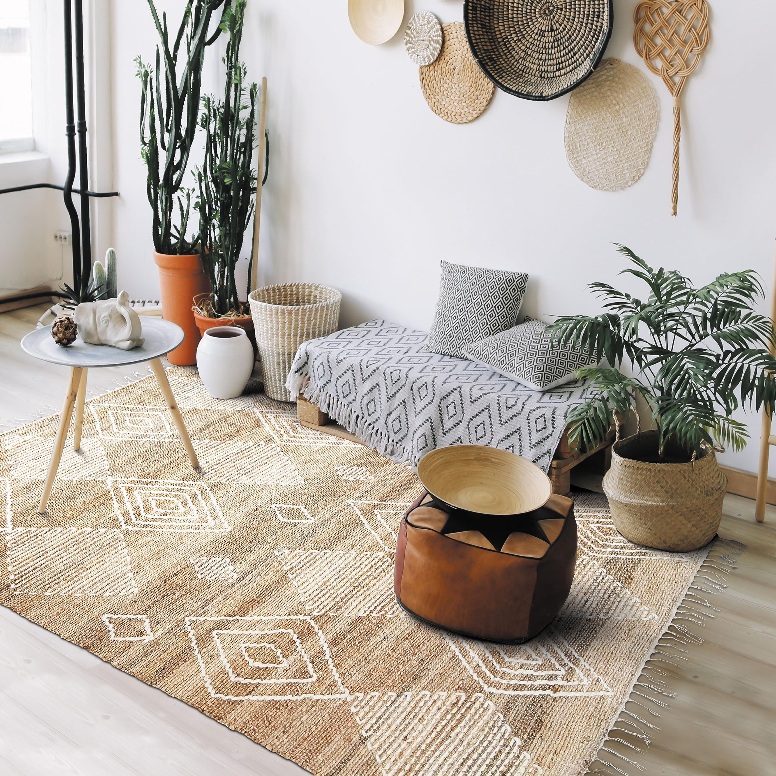 Thedecofactory PRIMI Losanges - Tapis en Chanvre avec Motifs Losanges en Laine épaisse Naturel 120x170