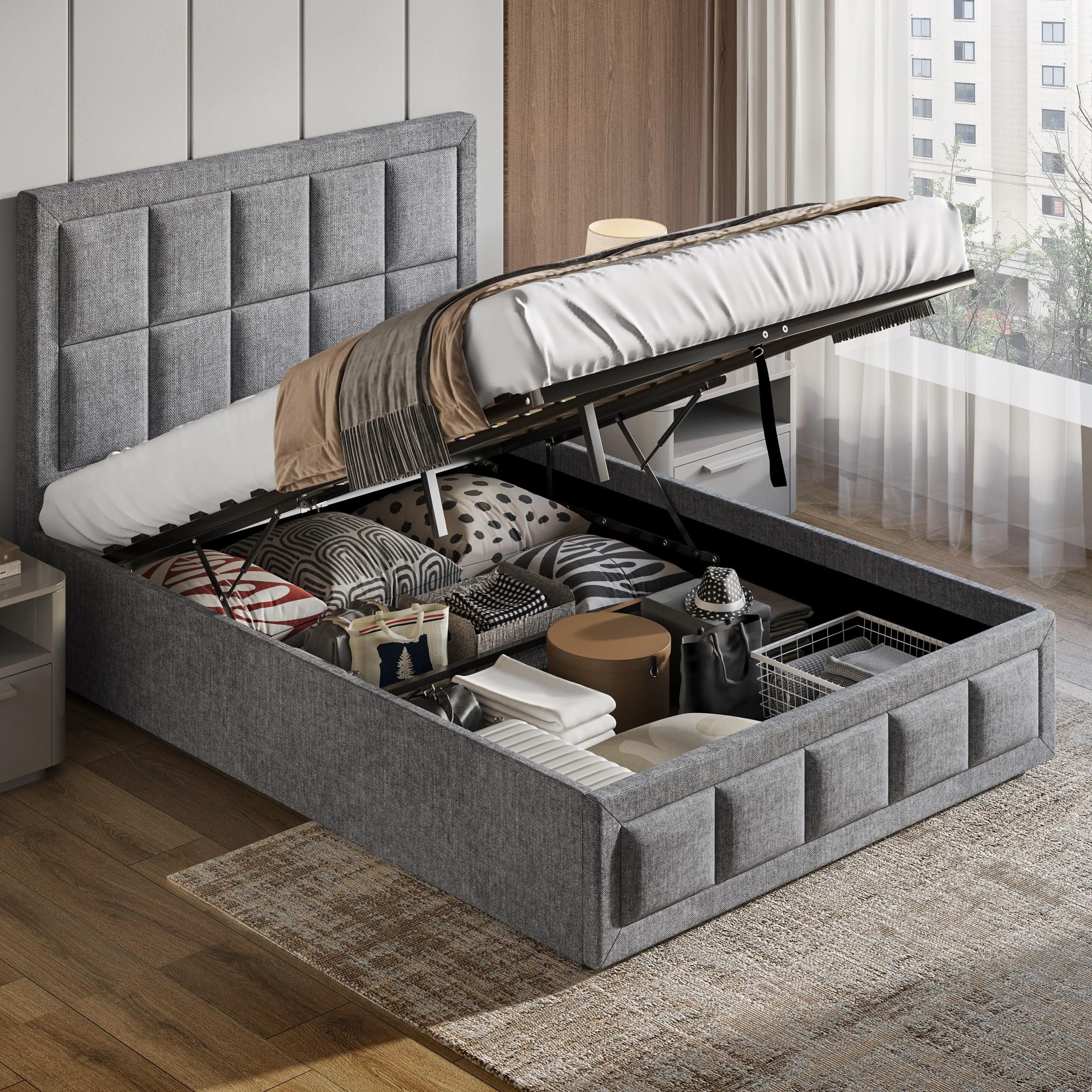 Blisswood Ottoman Bed, Upholstered 4ft Small Double Bed with Storage, Gas Lift End Opening Wooden Slats, Sturdy & Noise Free, No Box Spring Needed, Beds Size-204L x 130W CM, Light Grey, Small Double