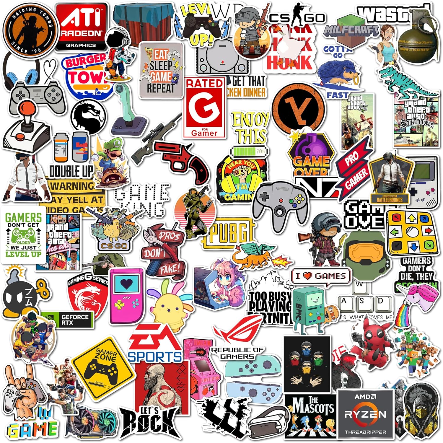 WallDesign 91 Vibrant Gaming Sticker Set for Console & PC Gamers – Mobile, Laptop, PC, Accessories, Gifting – Durable, Laminated, Quality Printed Vinyl for True Hardcore Gamers/Gaming Culture