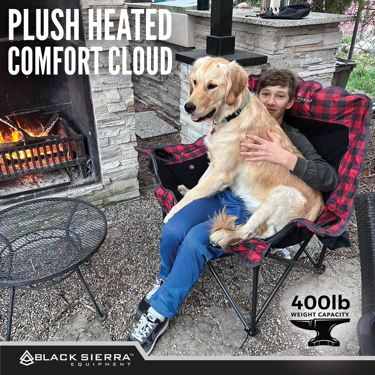 Silla de camping acolchada XL Black Sierra Heated Plush Fleece con calefacción para adultos, asiento plegable de alta resistencia con 3 niveles de calor y batería, soporta 400 lbs, portavasos y bolsa para camping y patio miniatura 7