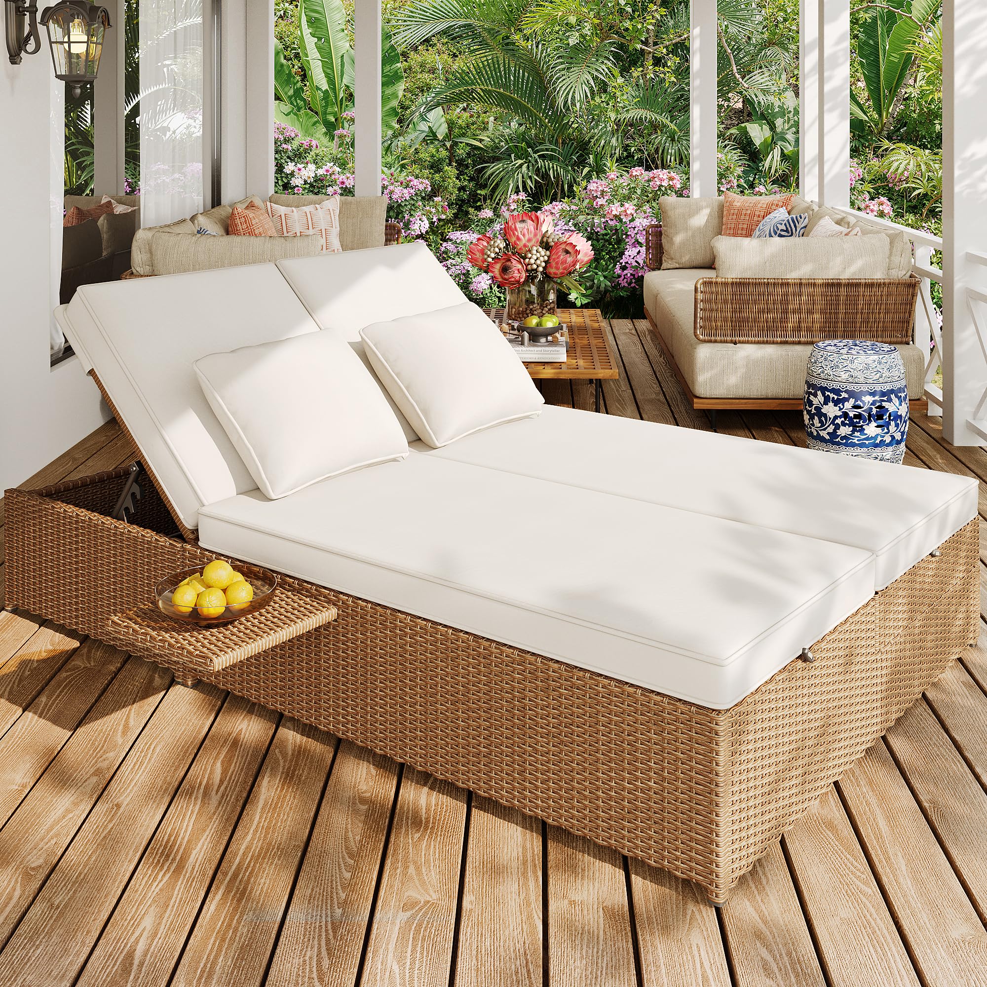 Sdraio da giardino per esterni, letto matrimoniale, in rattan, che può essere utilizzato come mobili da giardino all'aperto, adatto per lounge, balconi e giardini, resistente alle intemperie