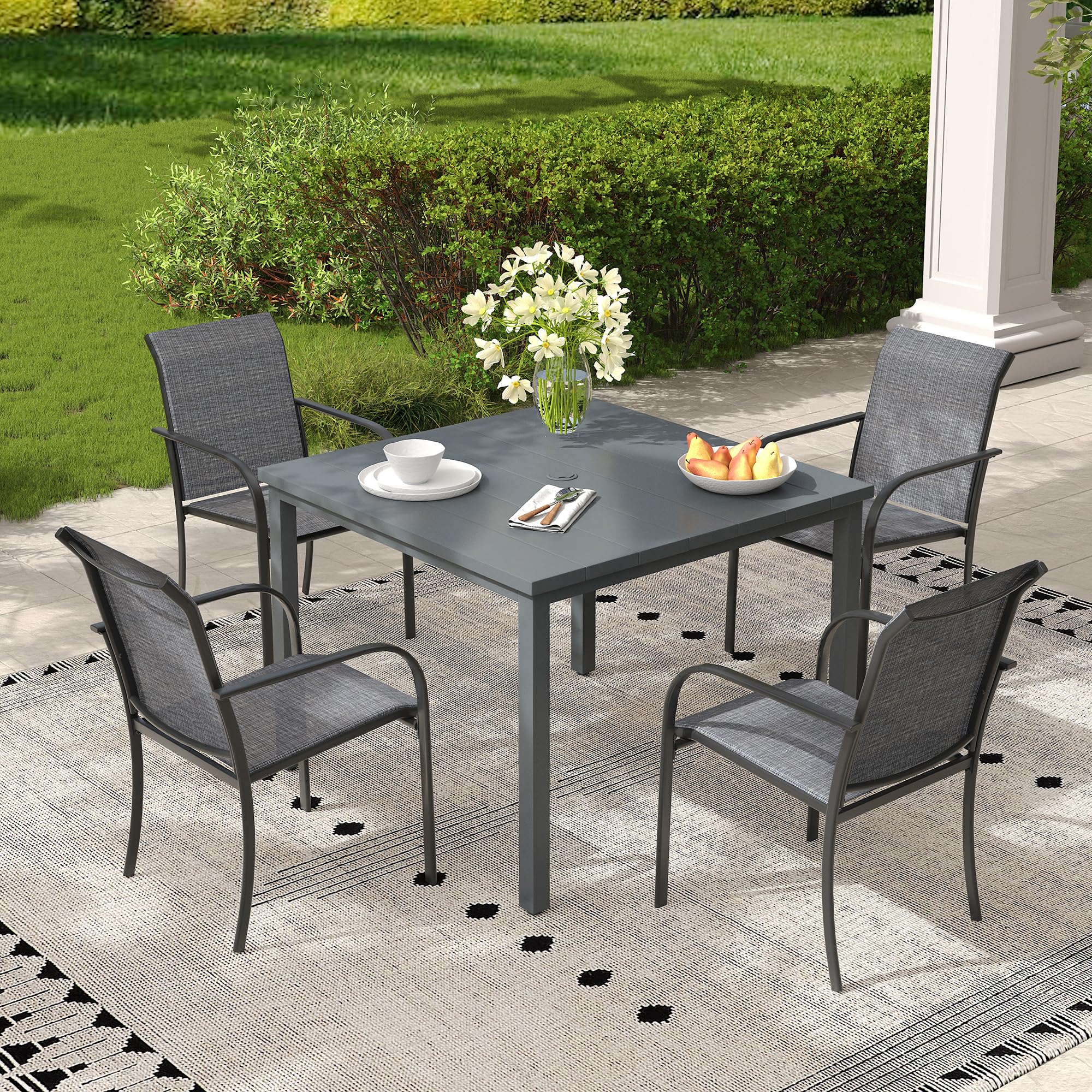 ARKOST Patio Table and Chairs Set for 4, Outdoor Dining Set with 4 Stackable Dining Chairs and 40.2" x 40.2" Patio Square Dining Table for Backyard,