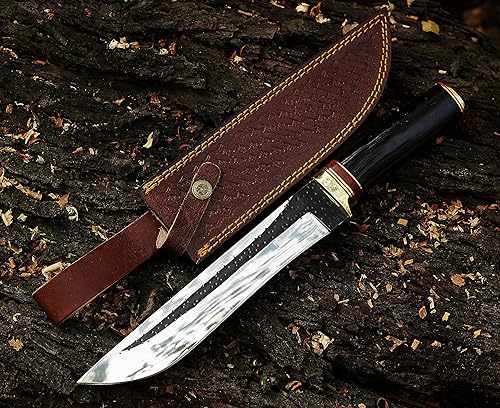 SUSA KNIVES Cuchillo Bowie de hoja fija de 14 pulgadas  Cuchillo de caza, funda de cuero con mango de cuerno  Diseñado para caza, supervivencia,