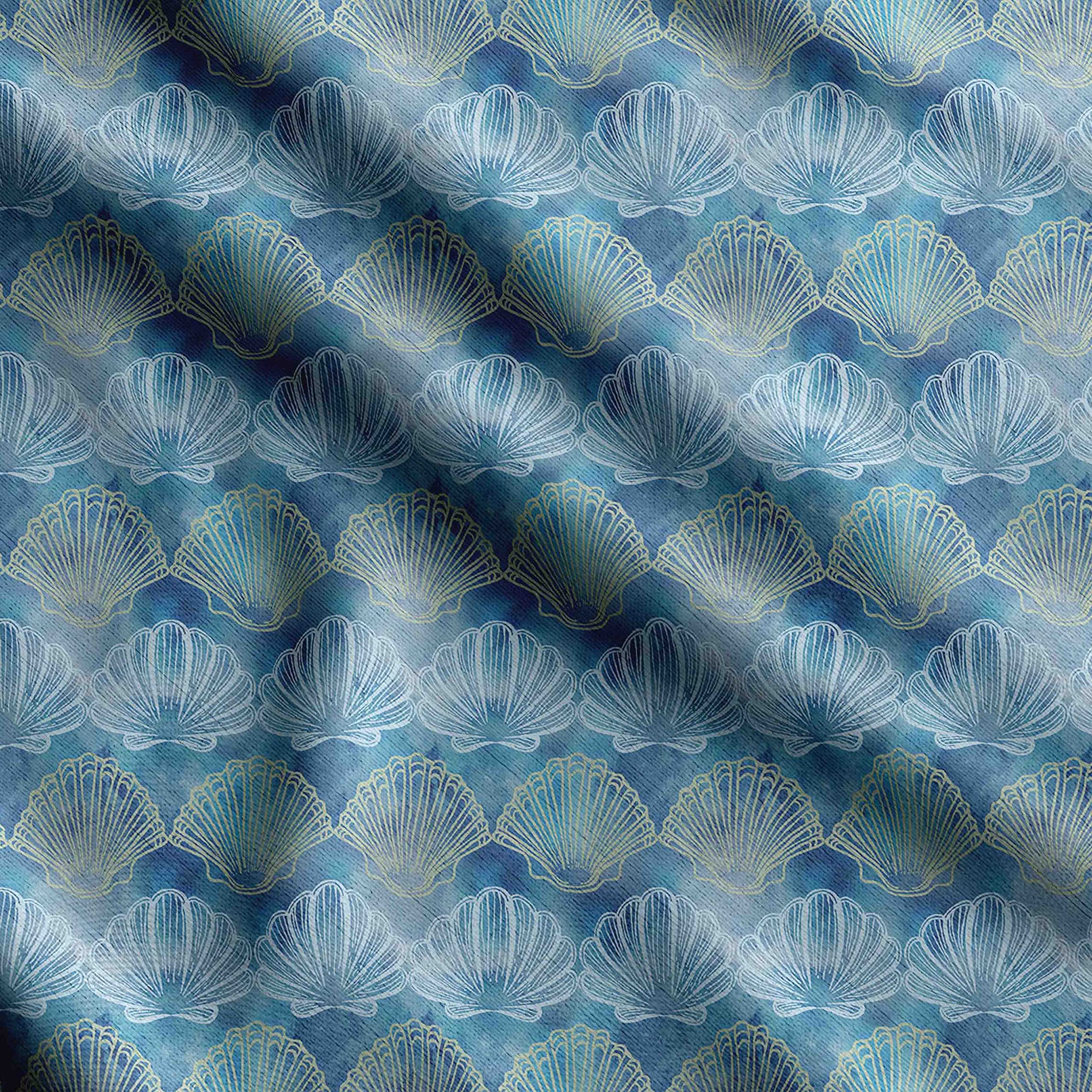 Soimoi Sea Shell Print - Blue, Pure Silk Fabric - 42 Inch Wide, 1 Metre, Lightweight Material, Perfect for Elegant Dresses, Sarees, Scarves, Evening Wear