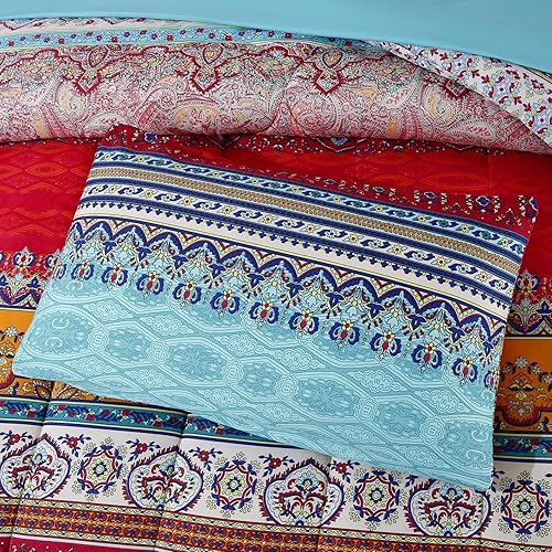 Miniatura 6 de Juego de edredón reversible de 7 piezas con estampado colorido de estilo bohemio rojo y azul, tamaño matrimonial (1 edredón, 1 sábana encimera, 1