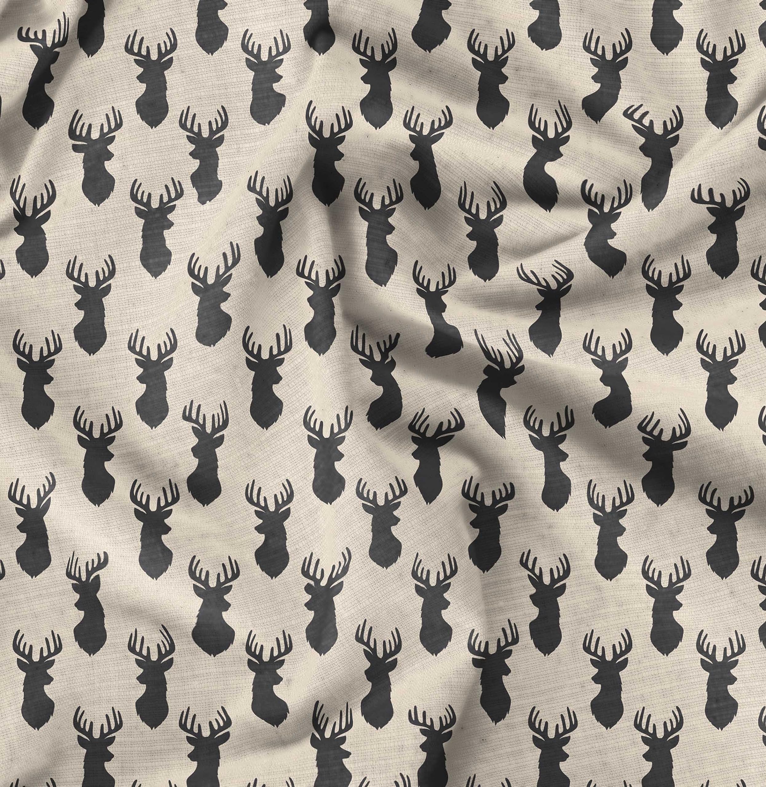 Soimoi White Cotton Voile Fabric Stencil Elk Mount Face Printed 