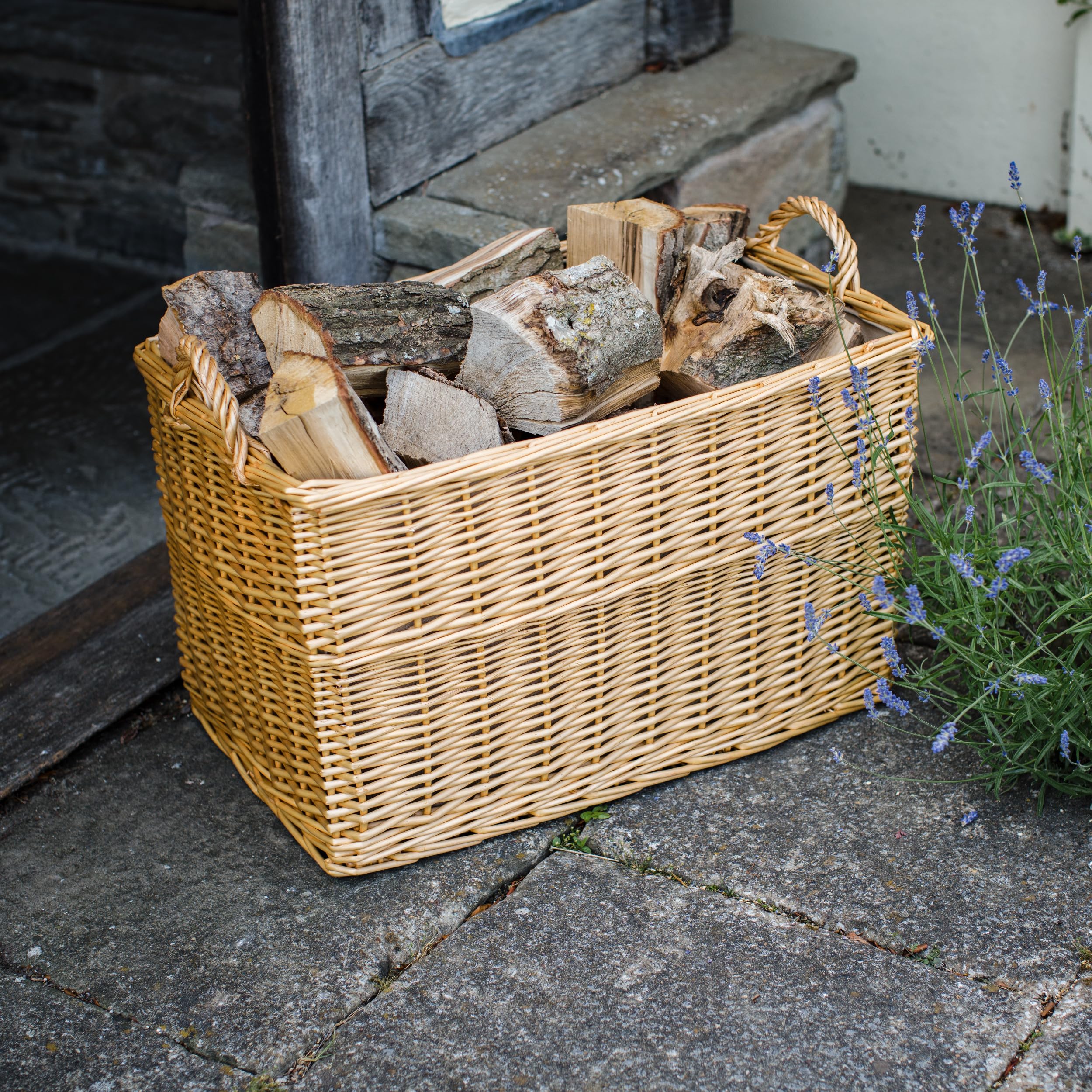 Panier de luxe rectangulaire en osier avec doublure et poignées (moyen, naturel)