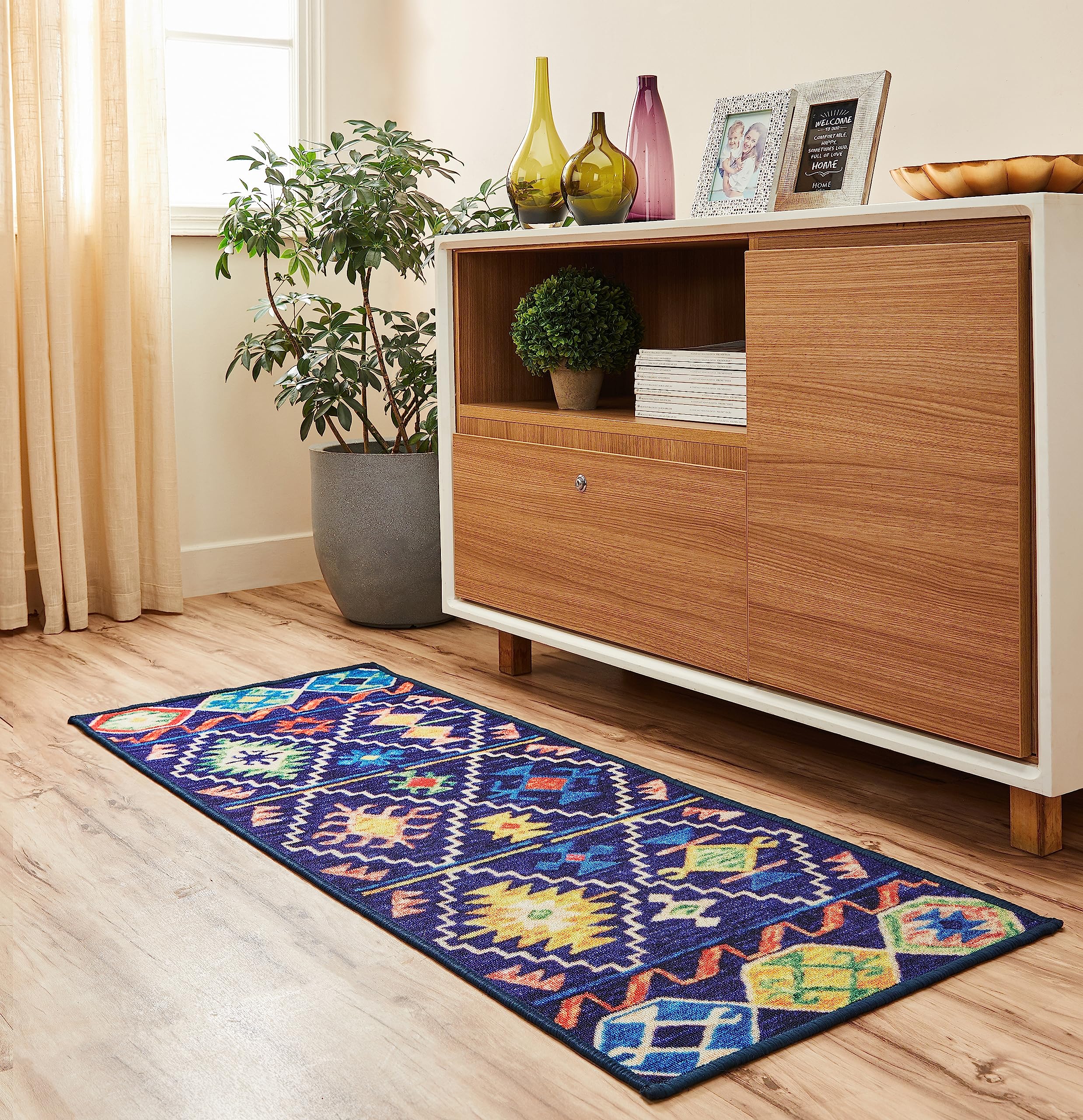 Amazon Brand - Solimo 3D Printed Geometric Bedside Runner Carpet with Anti Skid Backing for Bedroom |Living Room |Office (55x140 cm), Polyester, Multi-Coloured