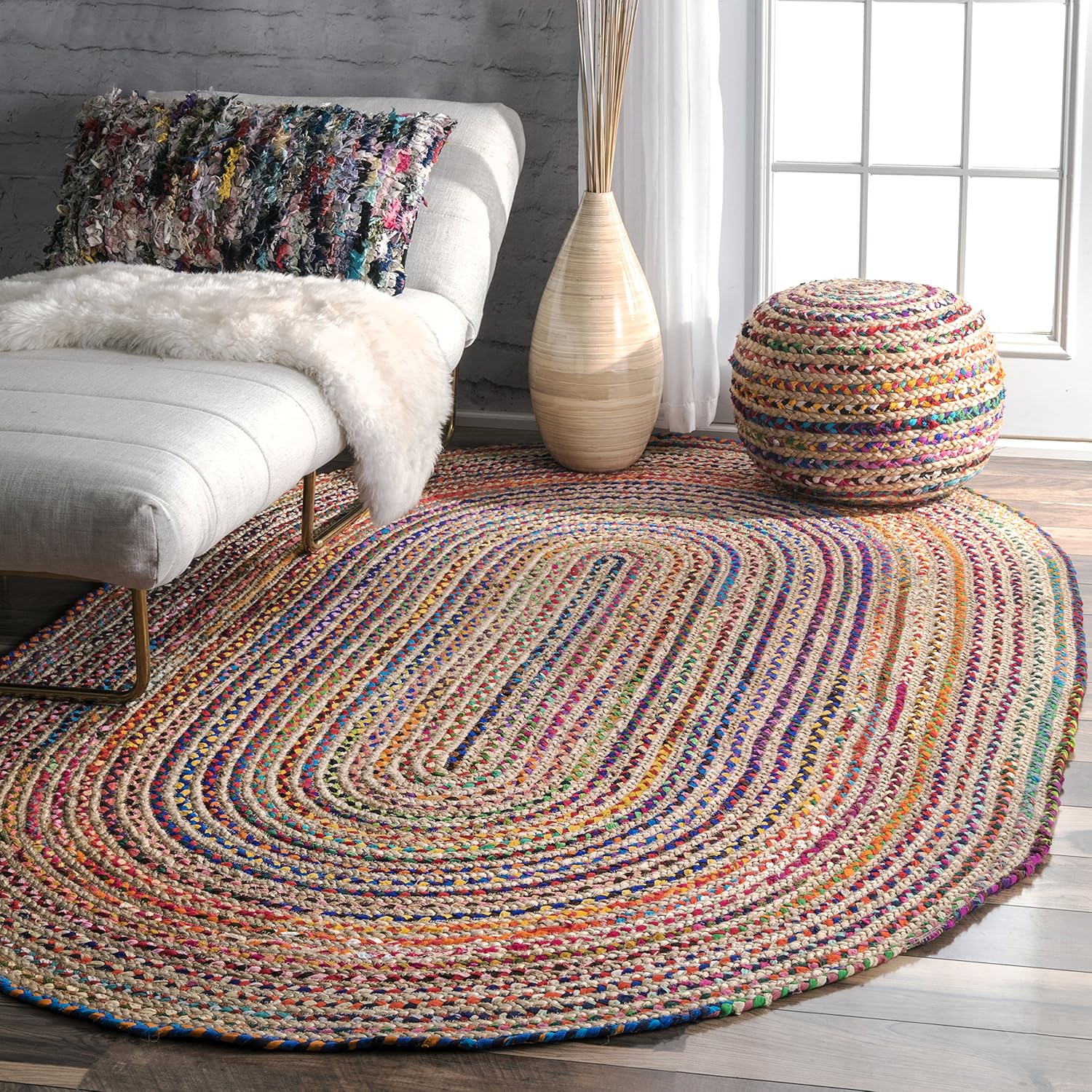 Handcrafted Bohemian Blue Oval Cotton Braided Rug, 5' x 8'