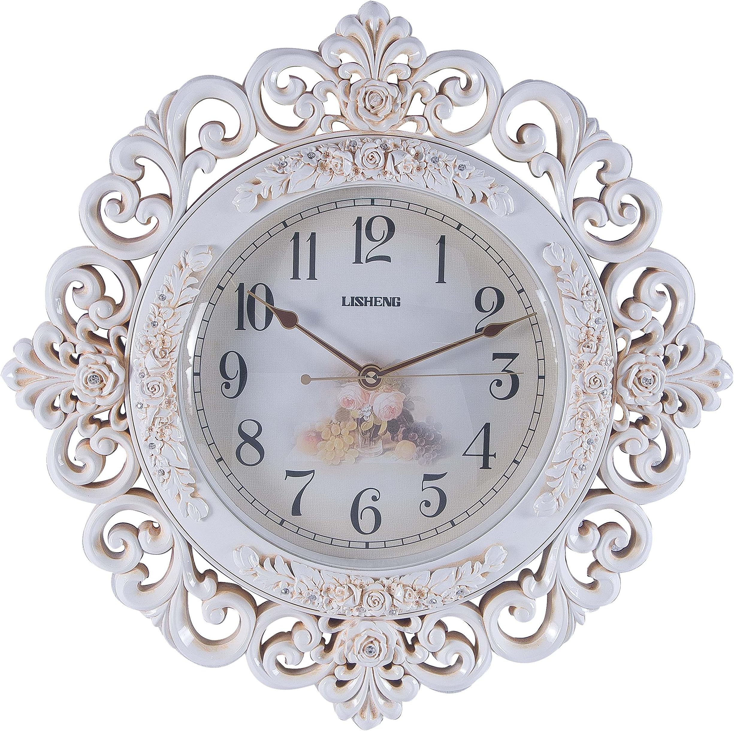 Lisheng Large Ornate Round Cream Resin Wall Clock 48.5 x 8.5 x 48.5 cm, For dining Room, Living Room, Lounge, Hallway and Kitchen.