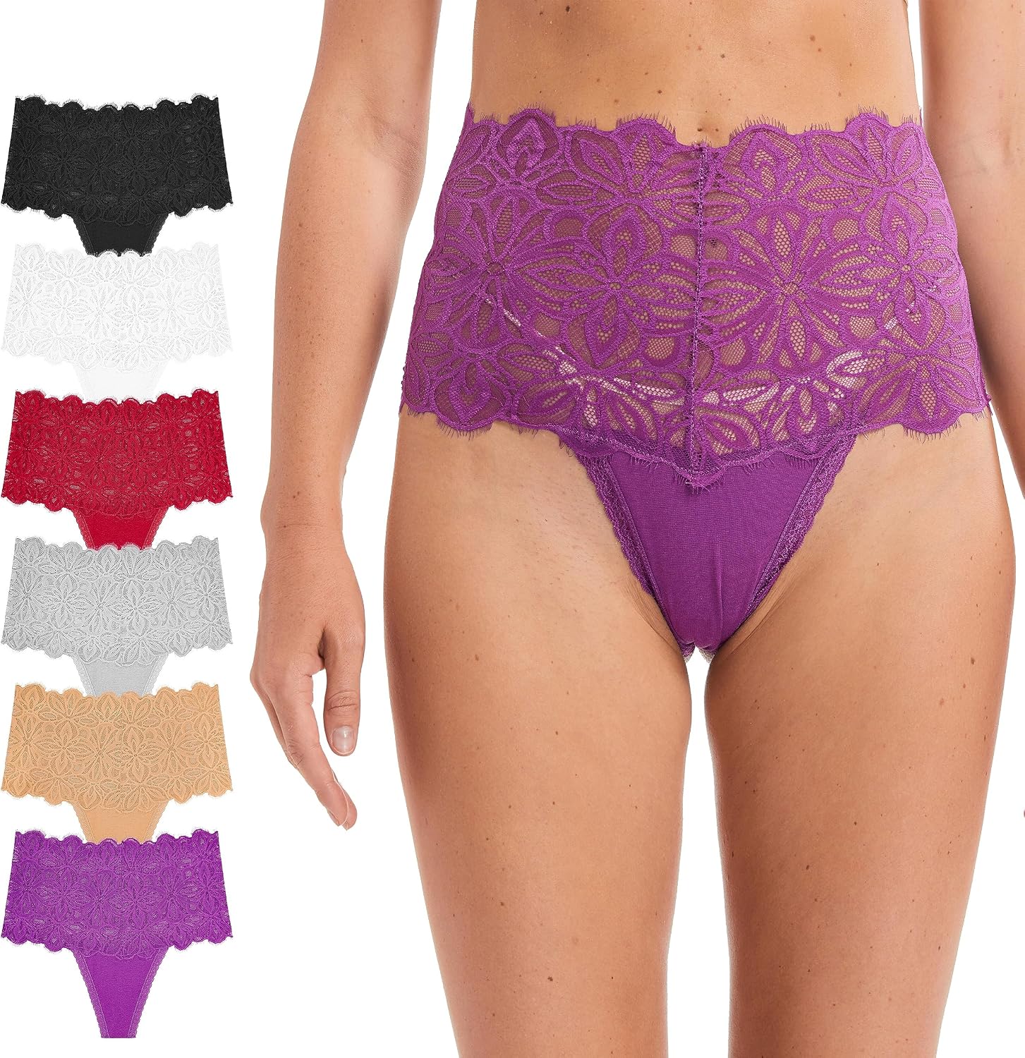 High Waisted Lace Thong for Women Plus Size Panties 6 Pack