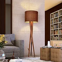 Luminaria Chão Abajur Pes De Madeira Tripe Madeira Retrô Luxo Cúpula Tecido Marrom